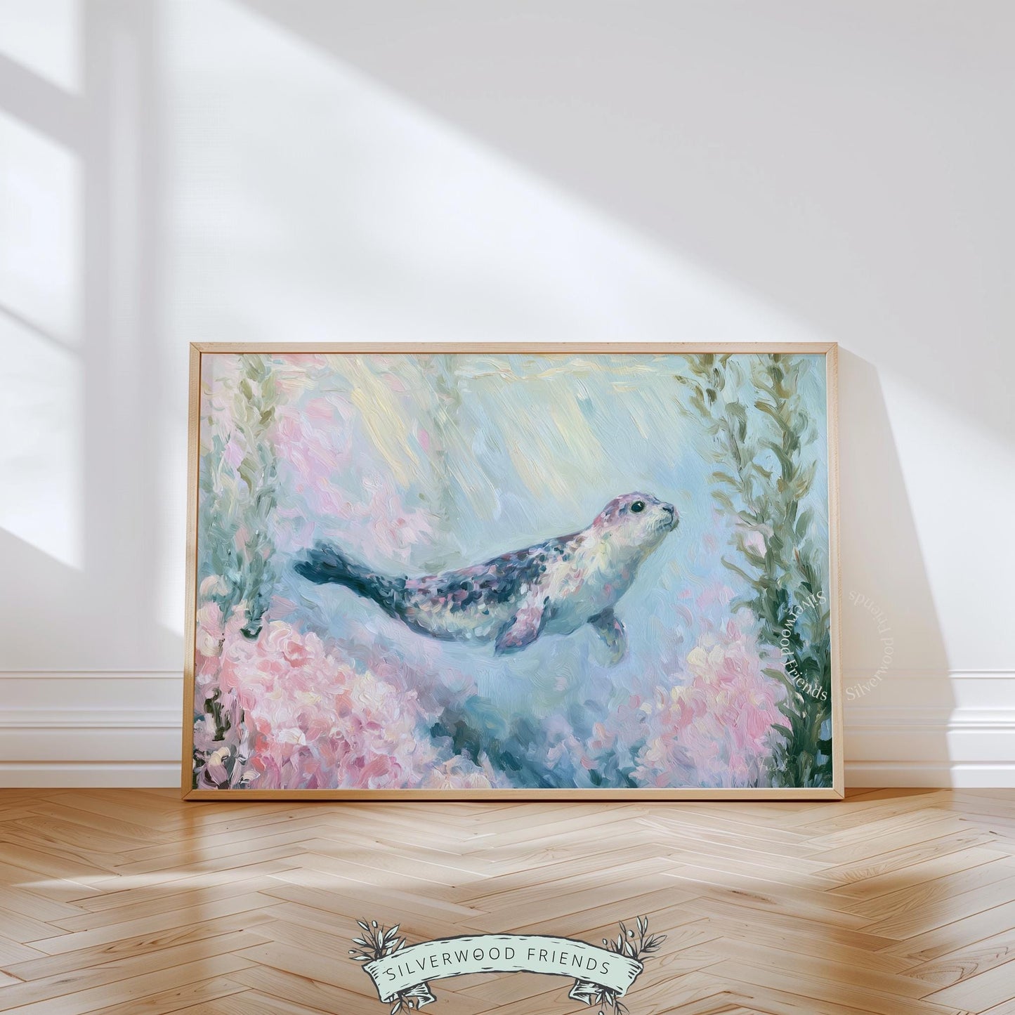 Playful seal digital download for aqua-inspired decor — dreamy painting with bubbles and soft light, great for kids' rooms.