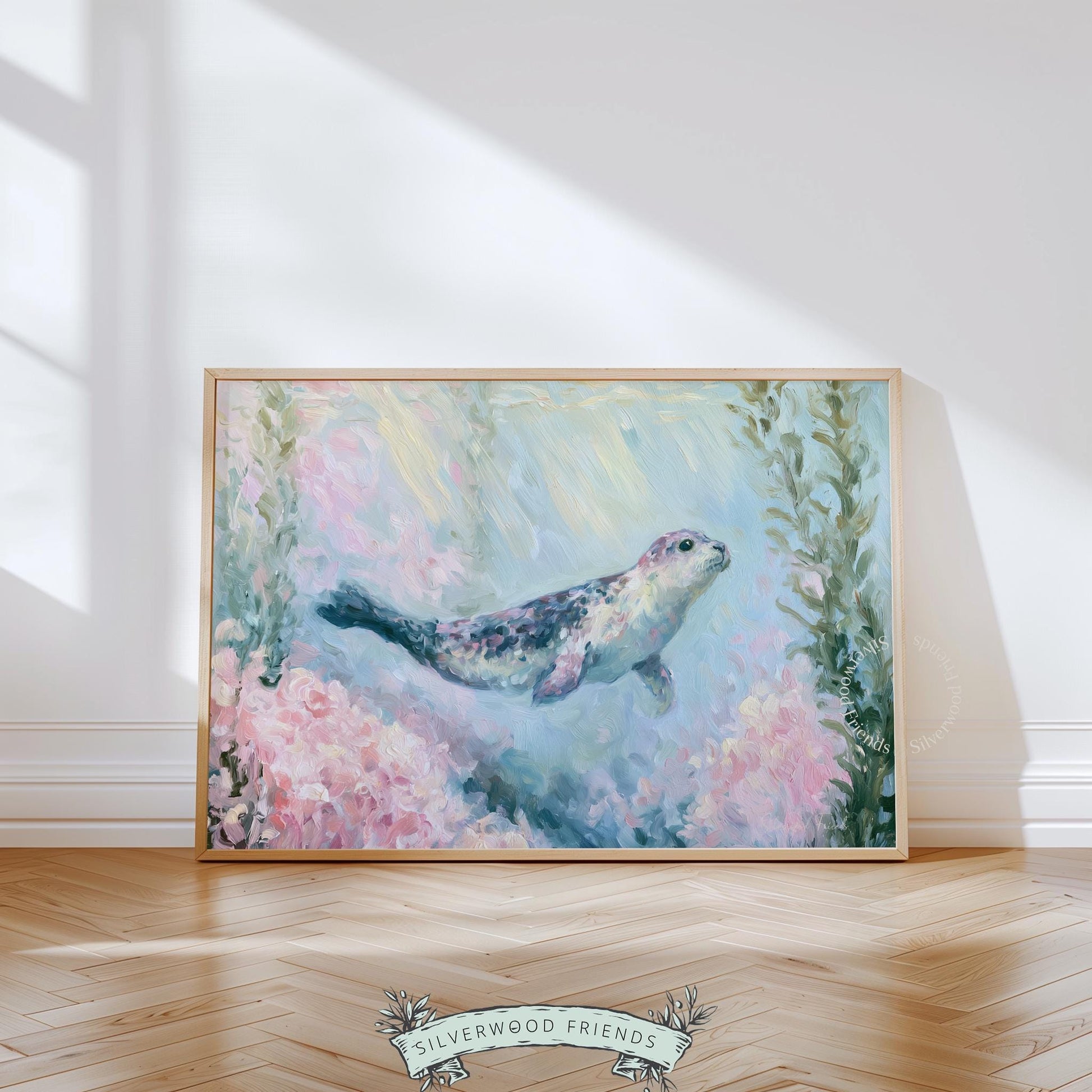 Playful seal digital download for aqua-inspired decor — dreamy painting with bubbles and soft light, great for kids' rooms.