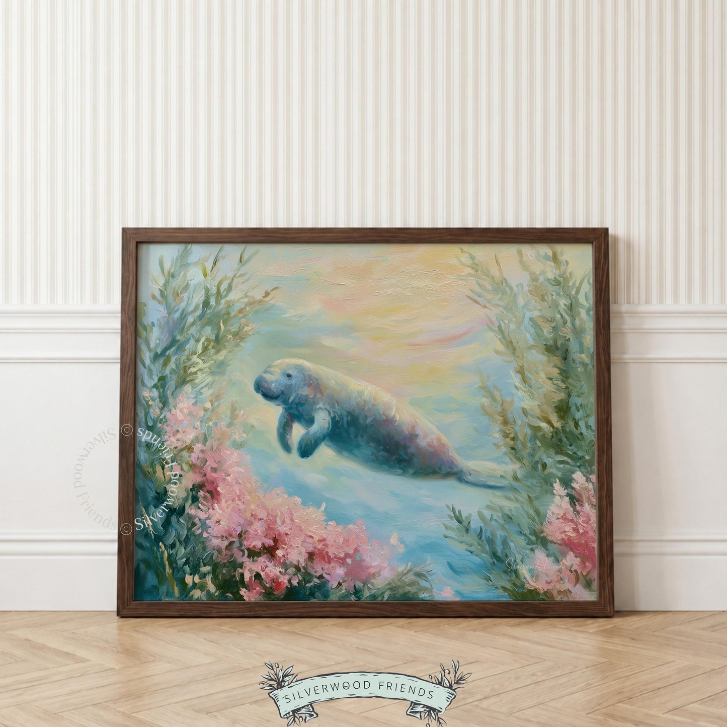 Adorable manatee wall art for coastal-themed nursery — blending ocean blues and greens with soft florals for a serene look.