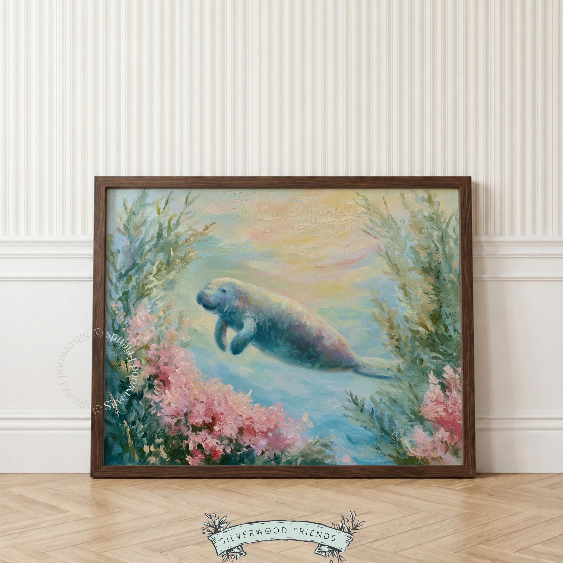 Adorable manatee wall art for coastal-themed nursery — blending ocean blues and greens with soft florals for a serene look.