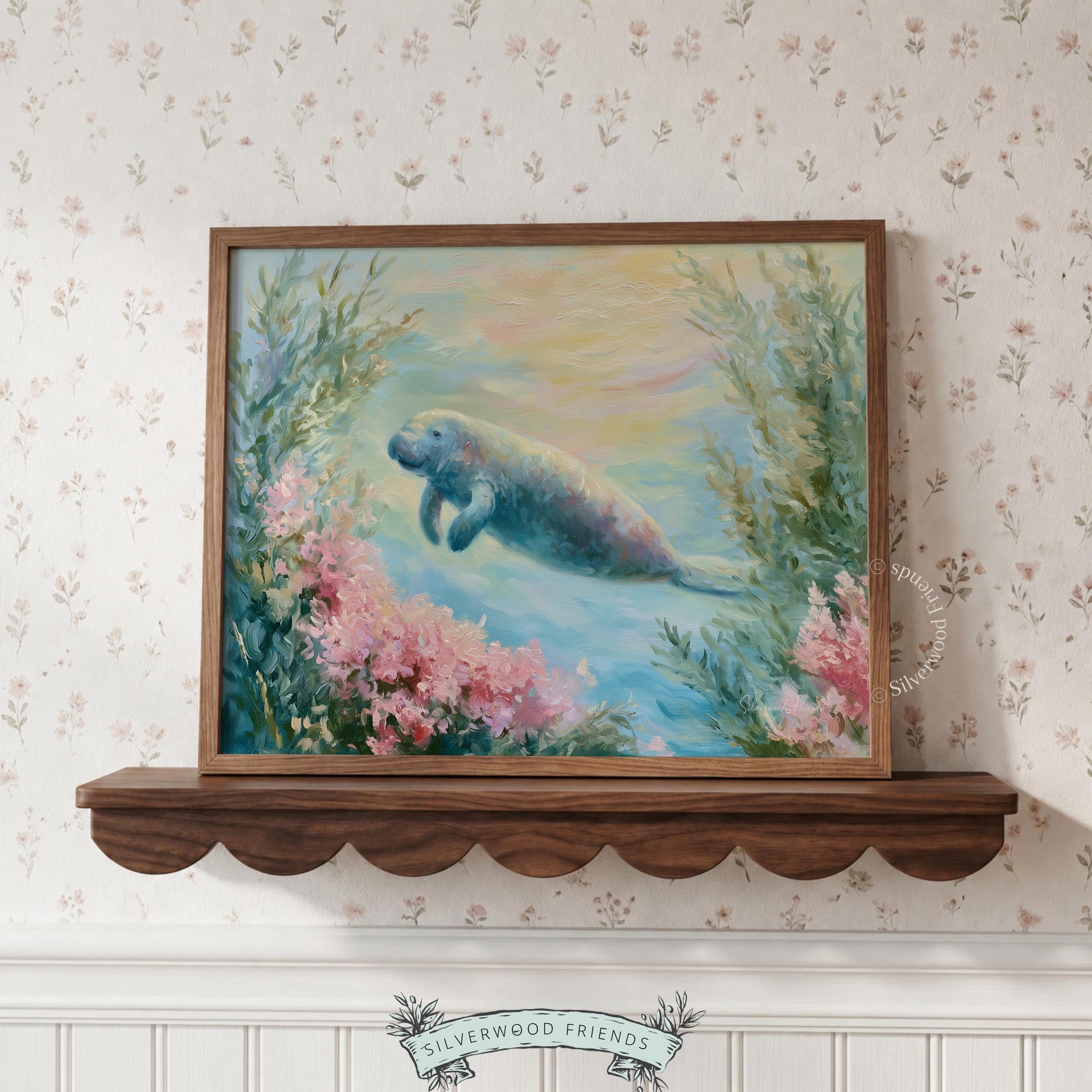 Serene manatee ocean wall decor for nursery — soft hues and gentle strokes create a tranquil underwater experience.
