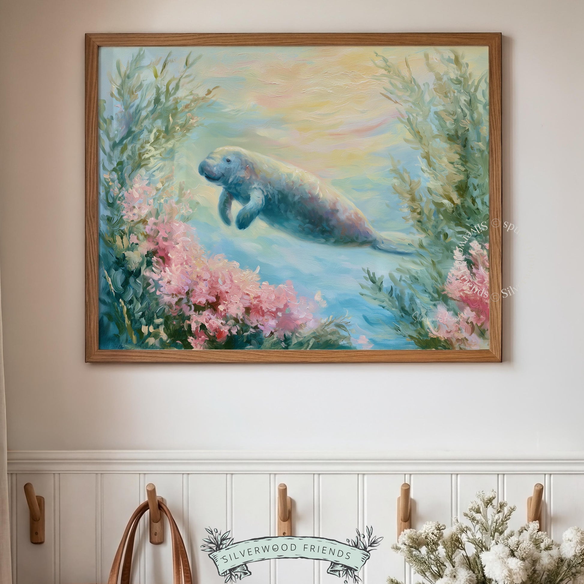 Soft watercolor manatee poster for ocean nursery — tranquil aquatic scene in pastel shades inspires a peaceful space.
