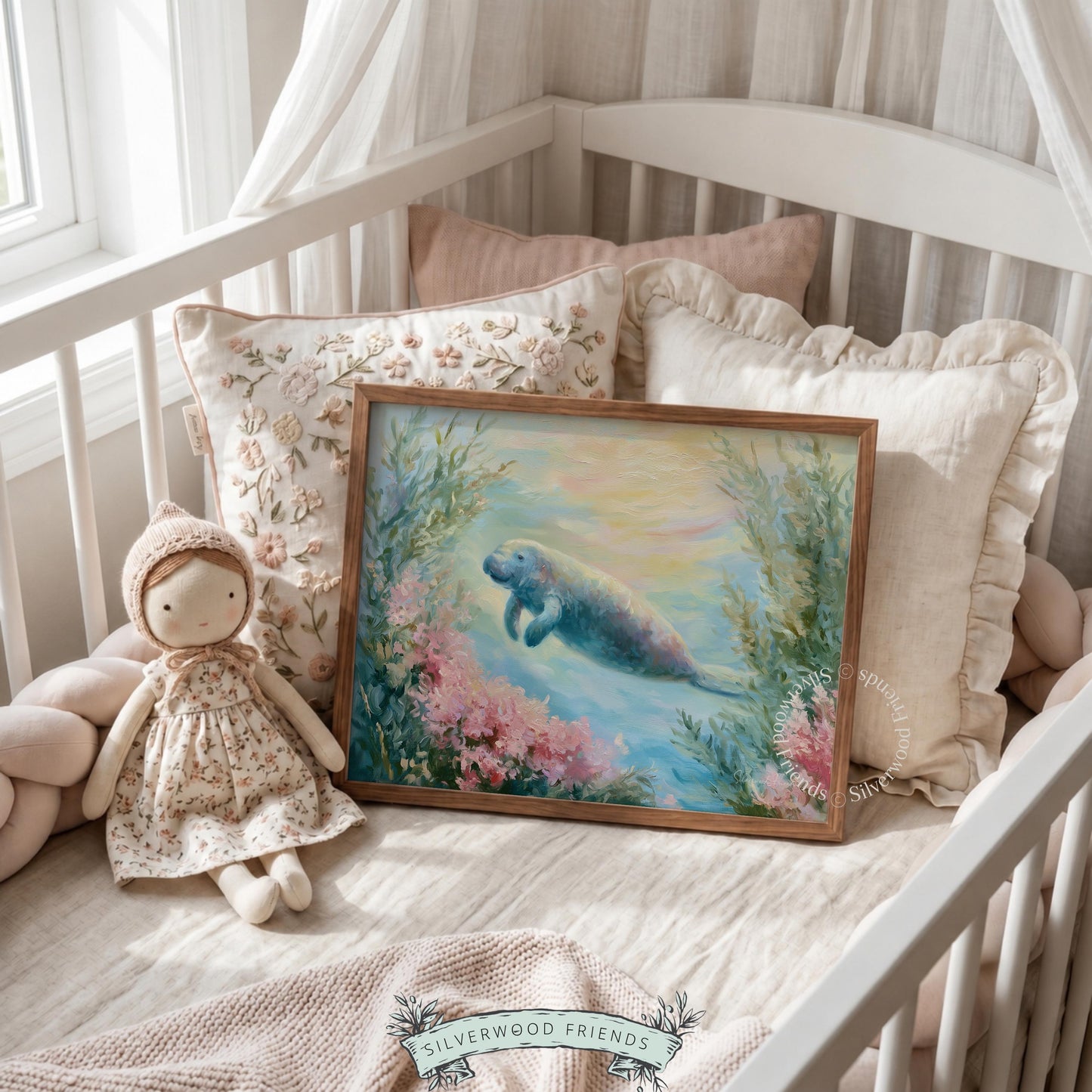 Gentle manatee digital print for kid’s room — pastel aquatic theme with calming brush strokes and seagrass accents.