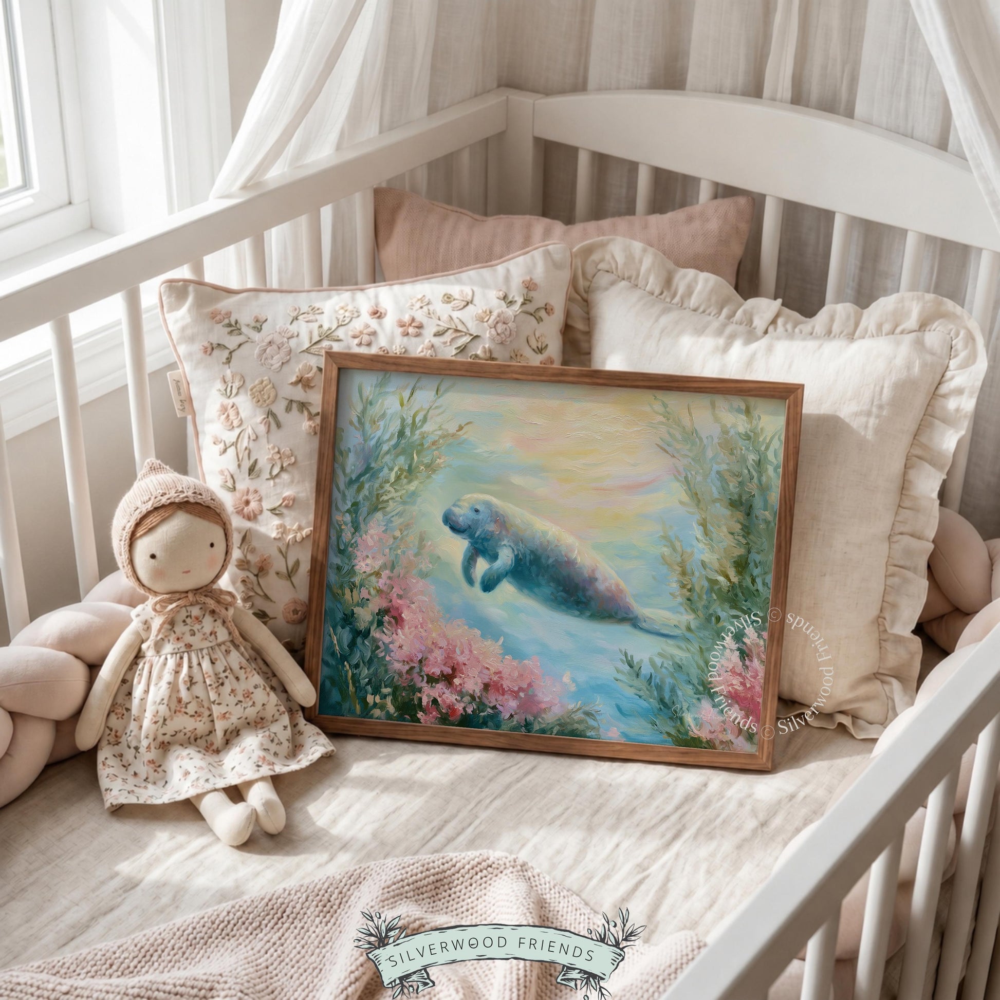 Gentle manatee digital print for kid’s room — pastel aquatic theme with calming brush strokes and seagrass accents.