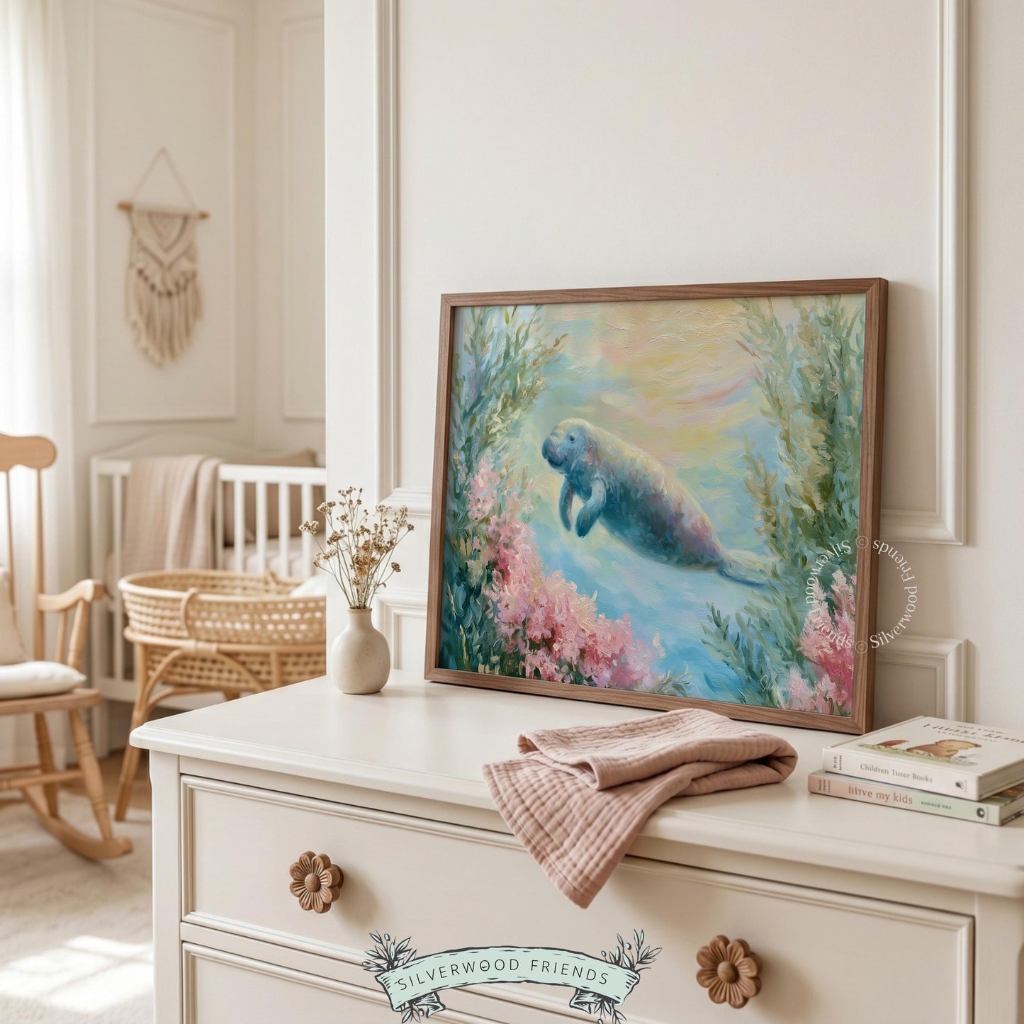 Soft watercolor manatee poster for baby nursery — a cute sea creature floating amidst lush underwater plants and ocean hues.