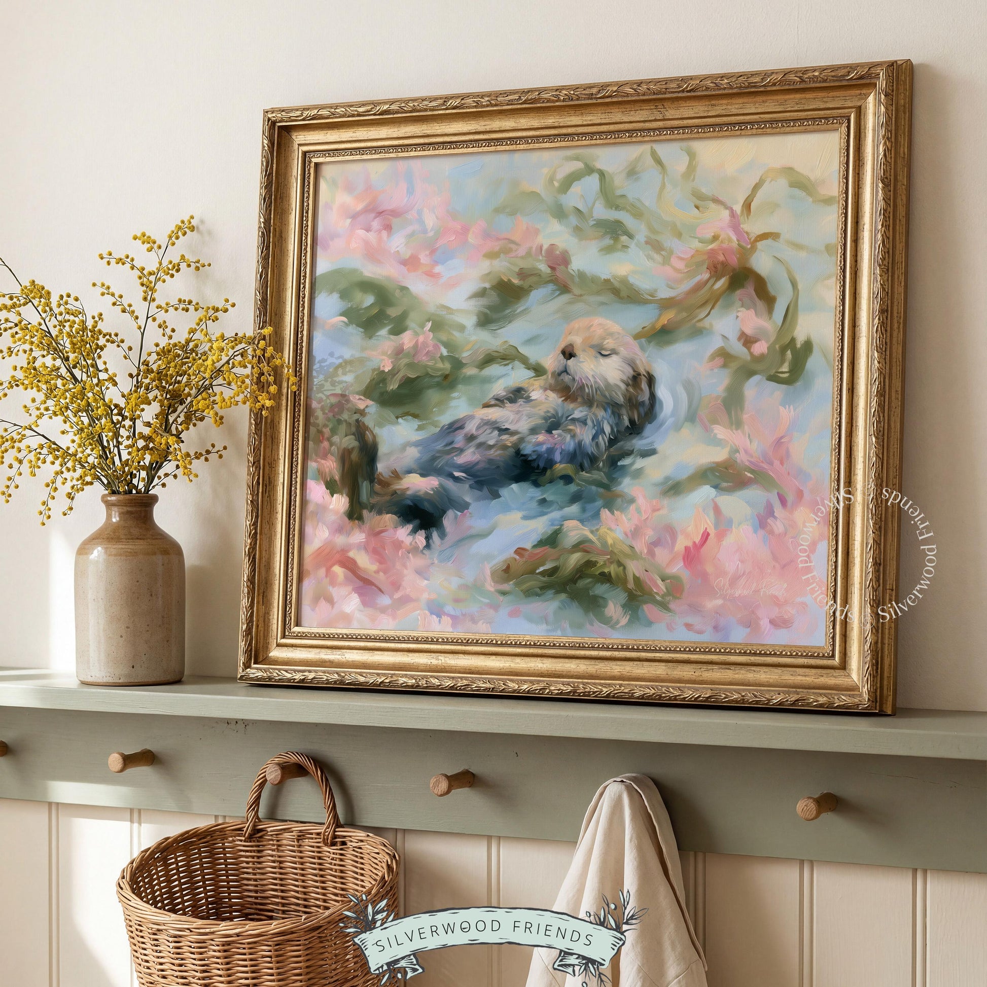 Adorable sea otter wall print for ocean-themed room — charming aquatic scene featuring soothing hues and flowing shapes.