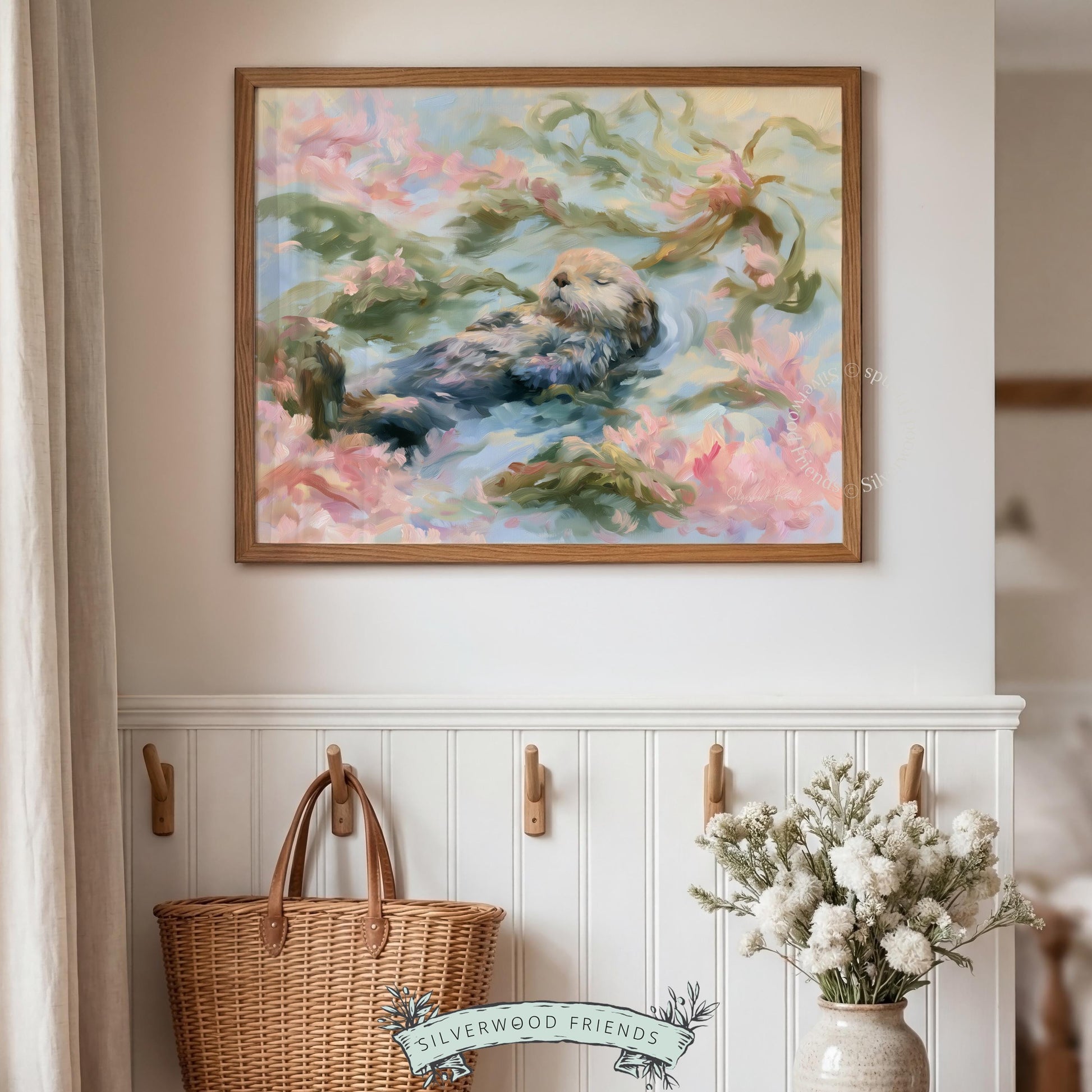 Sea otter artwork digital print for nursery — serene design with gentle movements and pastel colors perfect for any little one.