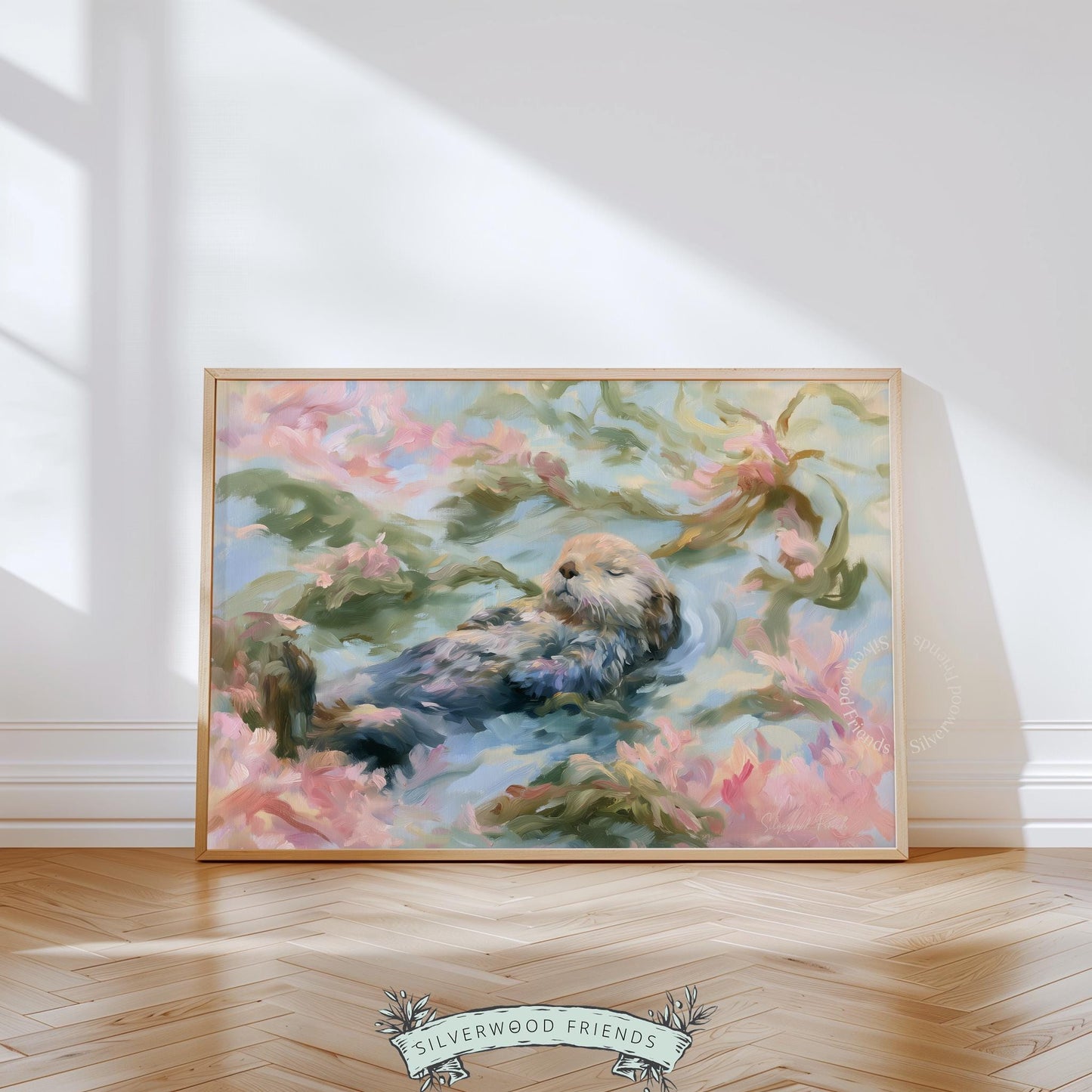 Cute sea otter digital download for kids' space — calming coastal themes with delicate floral elements to enhance relaxation.