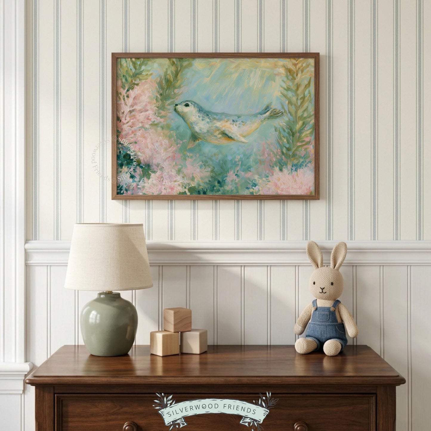 Gentle seal pup watercolor art for beach-themed decor — serene print depicting an adorable seal with swaying seaweed and soft light.