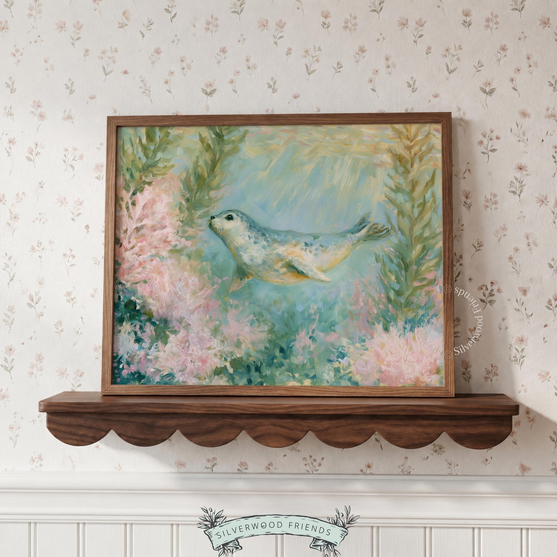 Whimsical seal pup wall art for child's room — delightful watercolor painting featuring soft underwater life and gentle expressions.