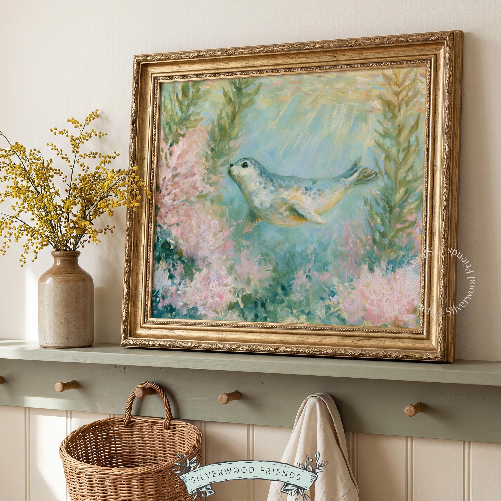 Sweet seal swimming poster for coastal-themed room — watercolor wall art with serene pastel tones for relaxing vibes.