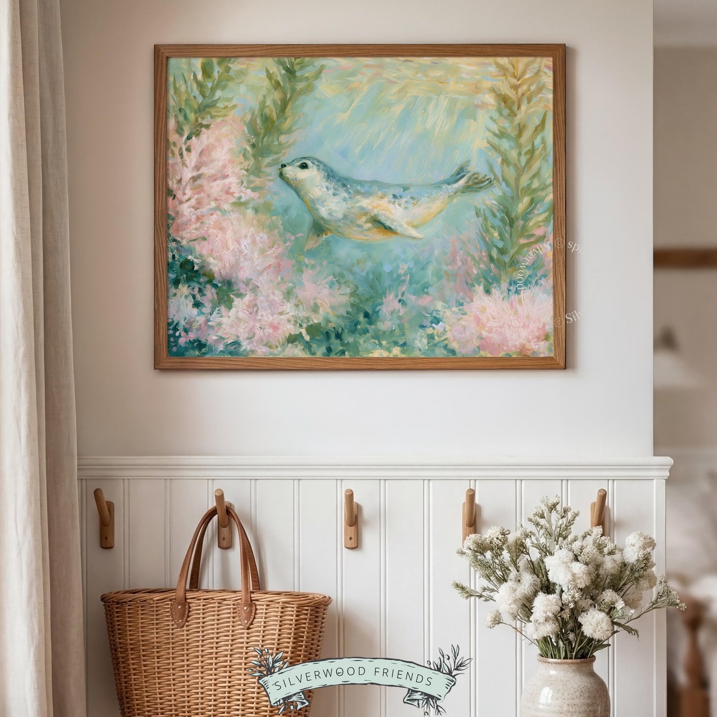 Soft seashell-inspired seal pup poster for playroom — inviting underwater scene that fosters tranquility and charm with pastel colors.