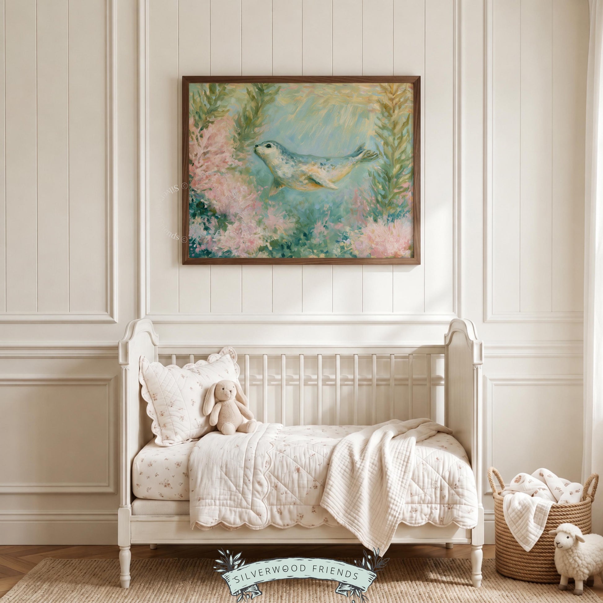 Pastel seal swimming wall decor for children's room — enchanting underwater scene capturing gentle expression and soothing tones.