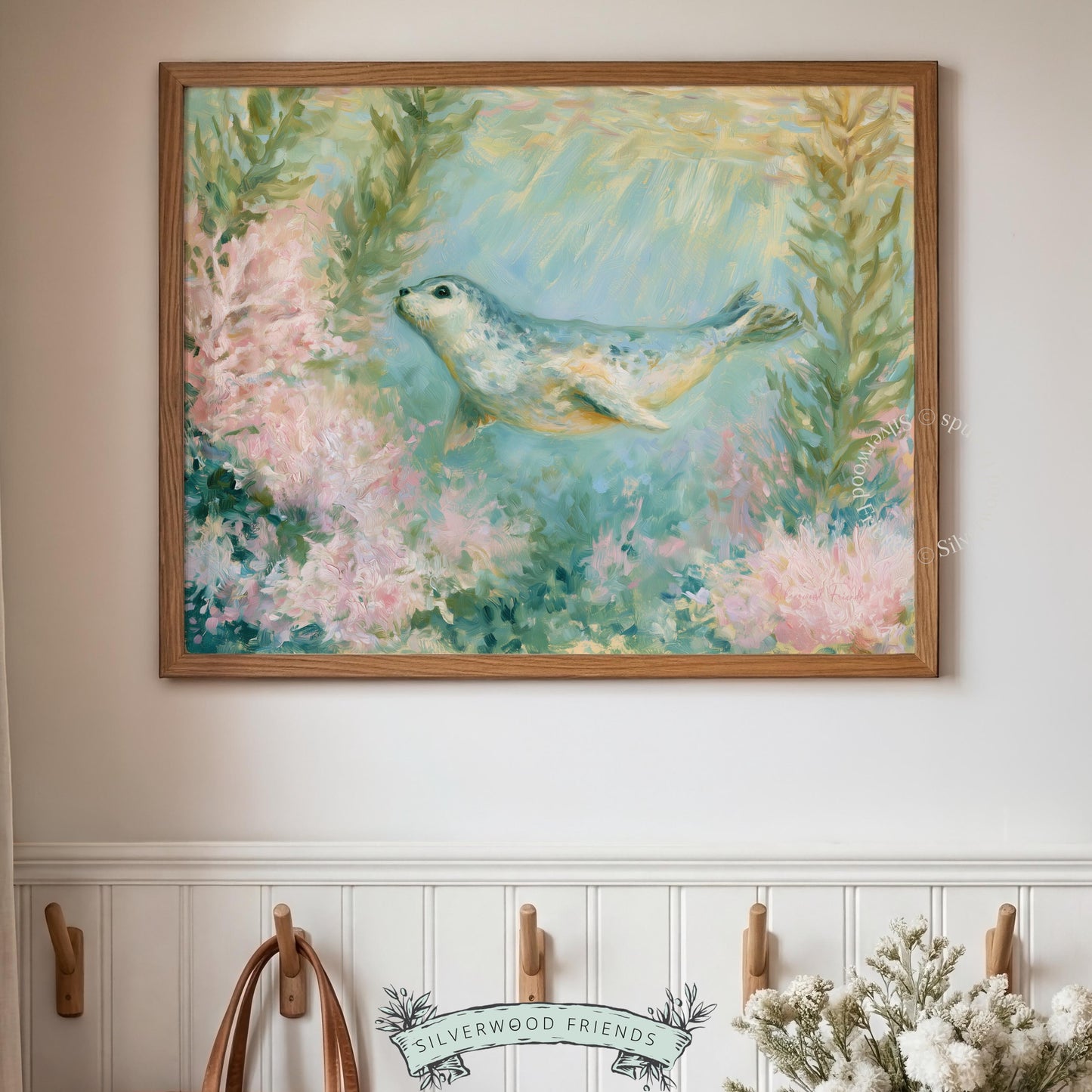 Ocean seal pup digital print for kids' play space — gentle and soothing artwork bringing a touch of marine charm to your home.