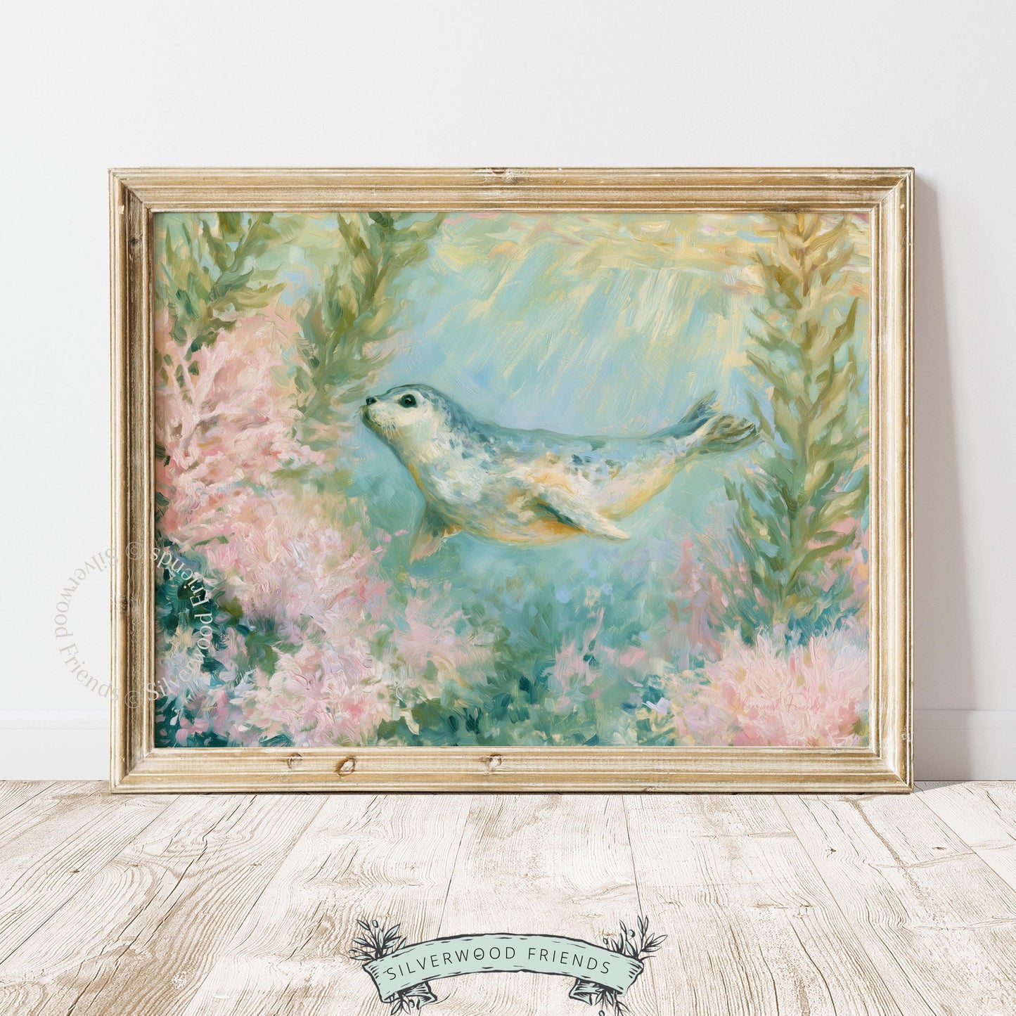 Serene seal swimming picture for kids’ bedroom — a cute watercolor piece, ideal for ocean-themed décor with gentle colors.