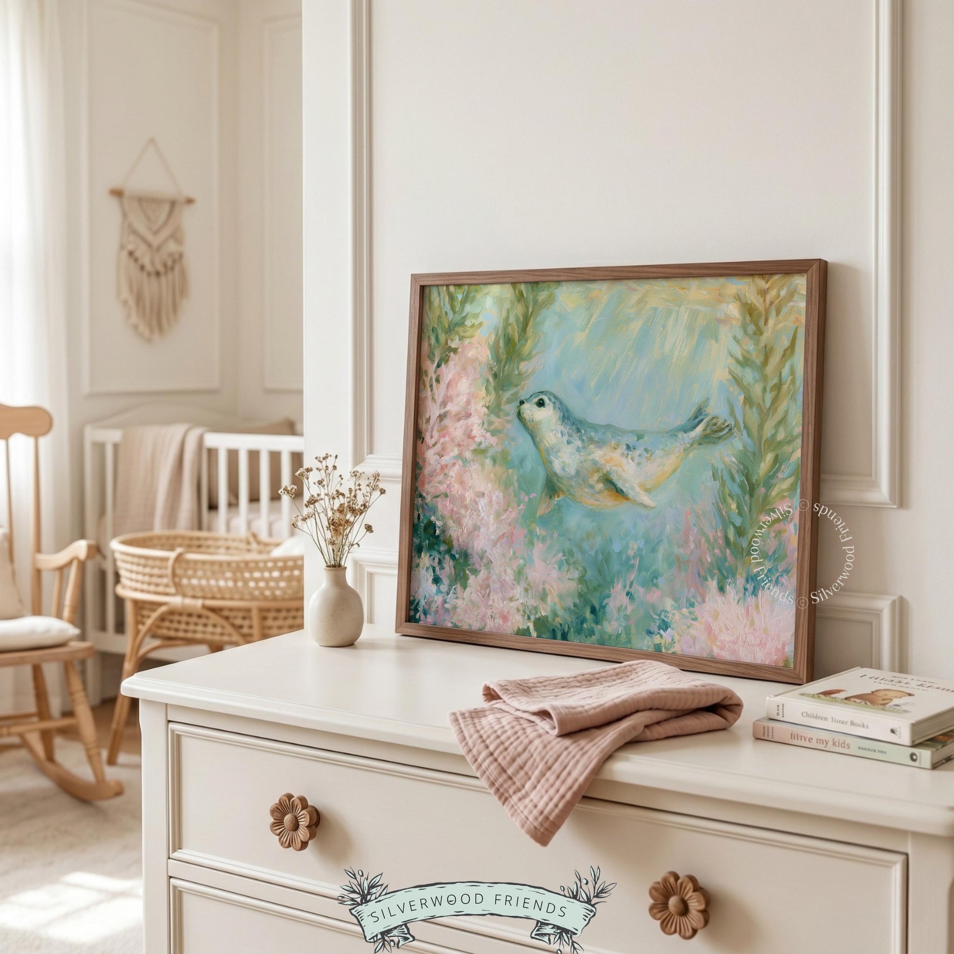 Swim-friendly seal pup painting for beach house entryway — adds charm with pastel colors and calming underwater scenery.
