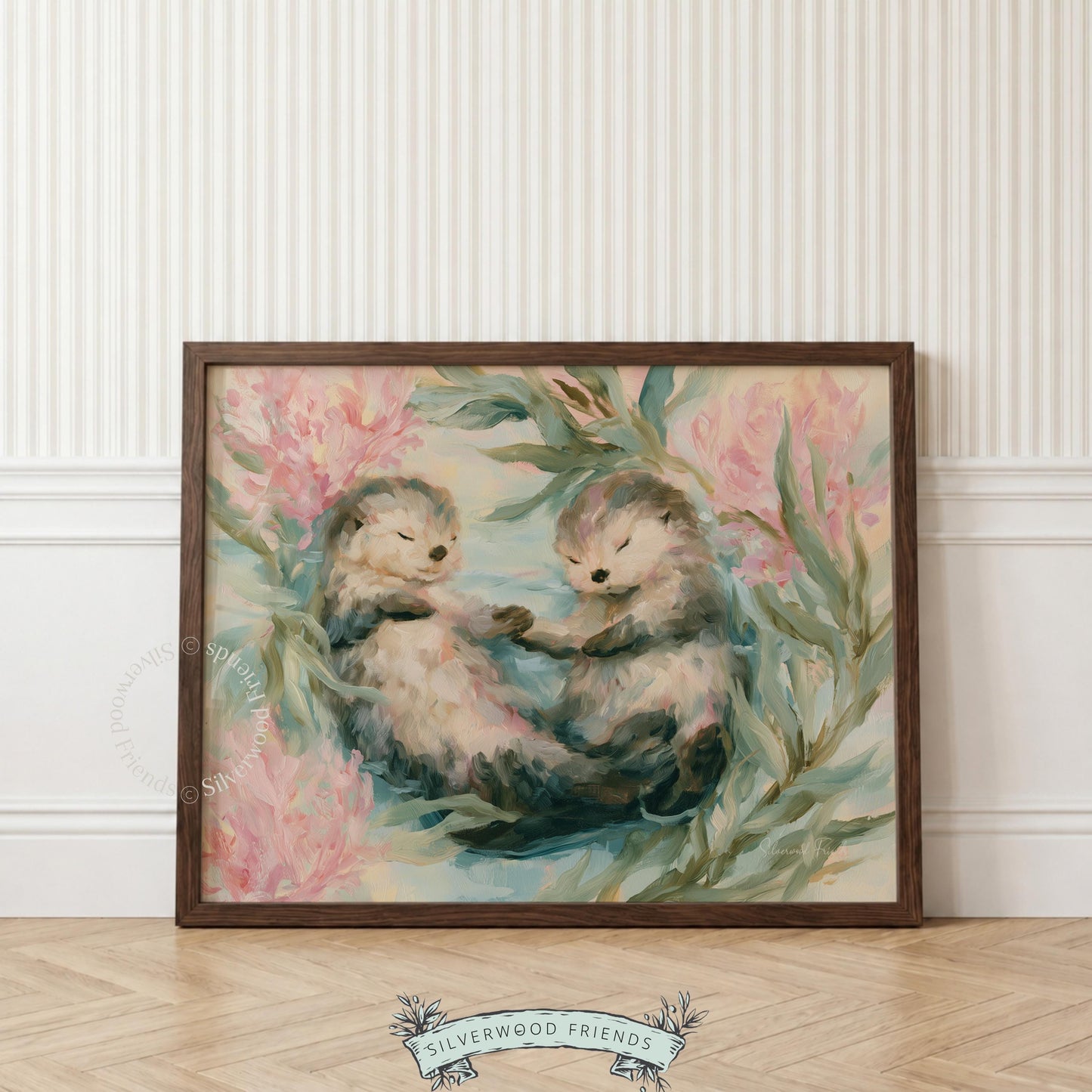 Charming otters artwork for beach-themed nursery — soft watercolor style and gentle colors enhance tranquility.