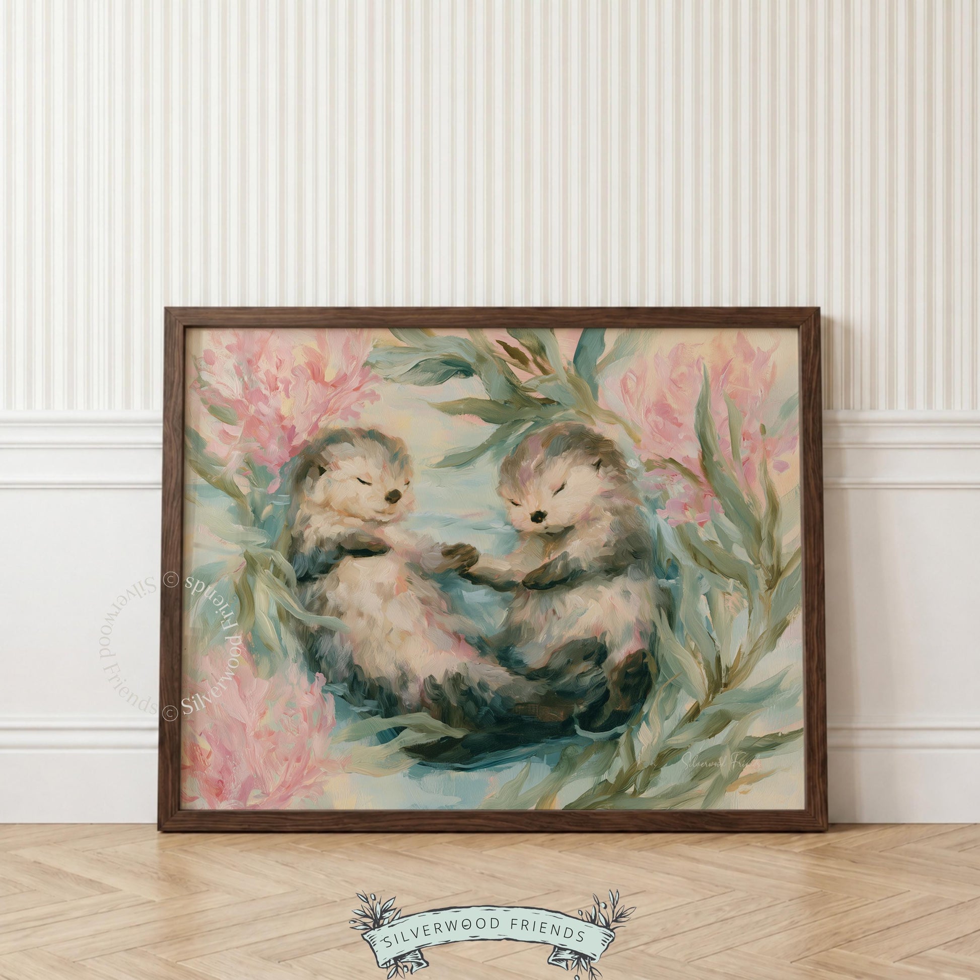 Charming otters artwork for beach-themed nursery — soft watercolor style and gentle colors enhance tranquility.