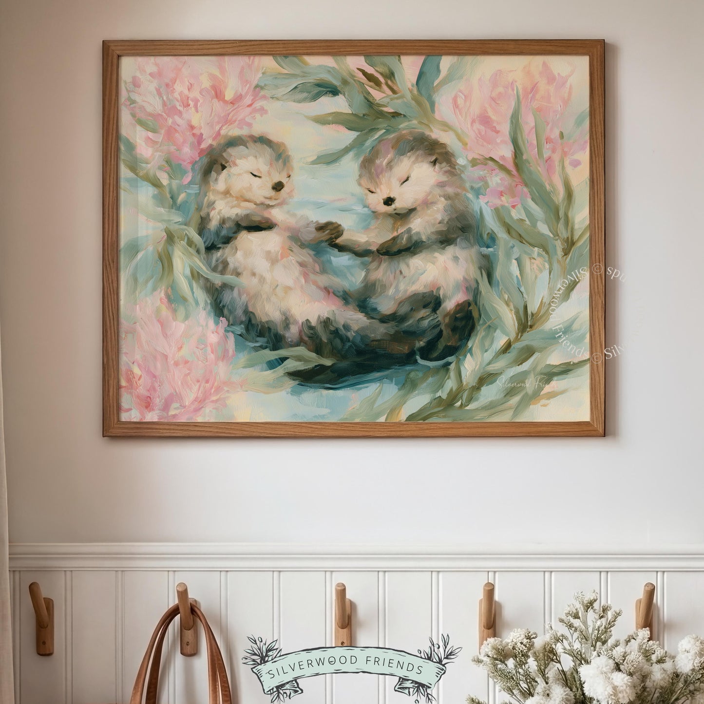 Otters holding paws digital download for toddler room — cute, calming watercolor design with a serene ocean backdrop.
