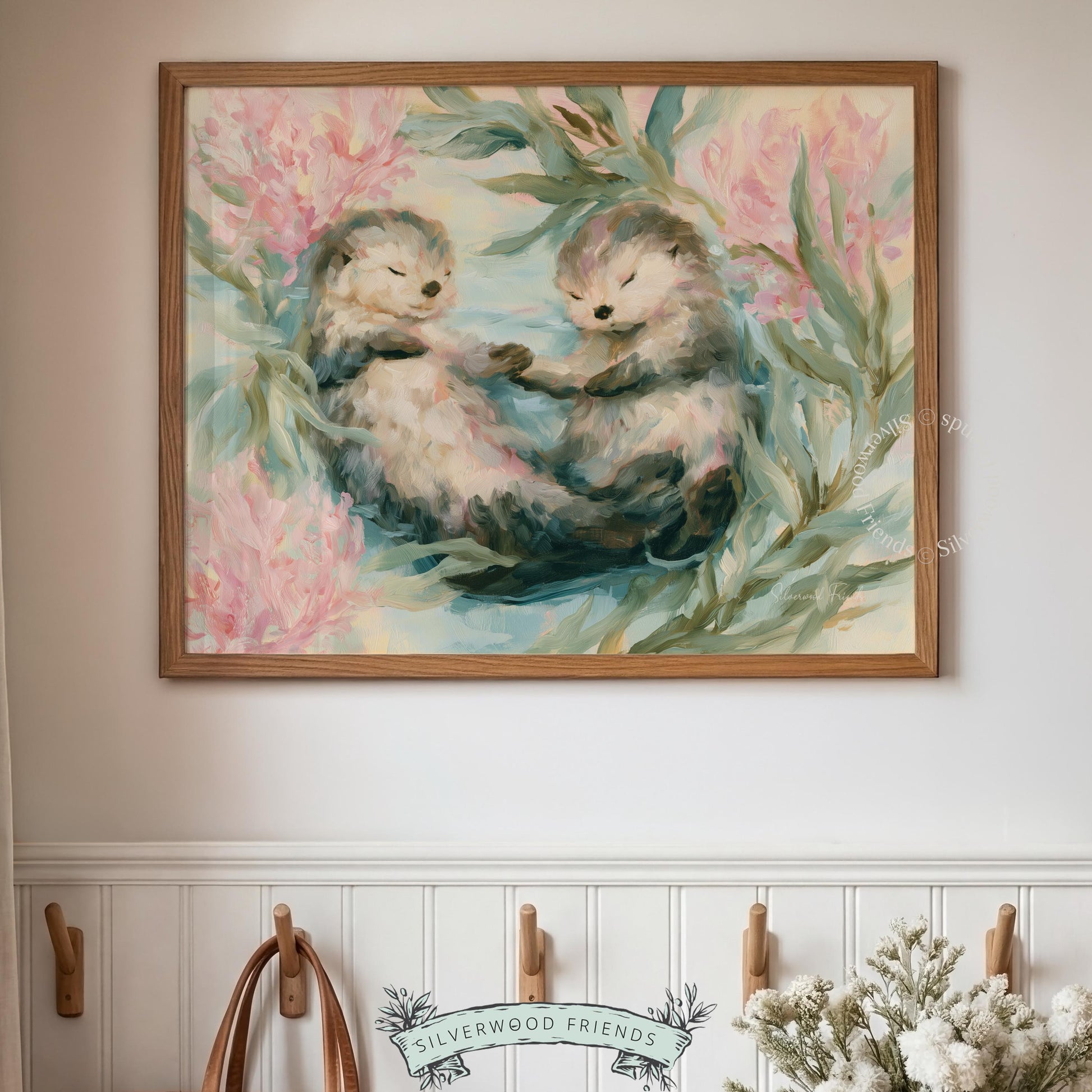 Otters holding paws digital download for toddler room — cute, calming watercolor design with a serene ocean backdrop.