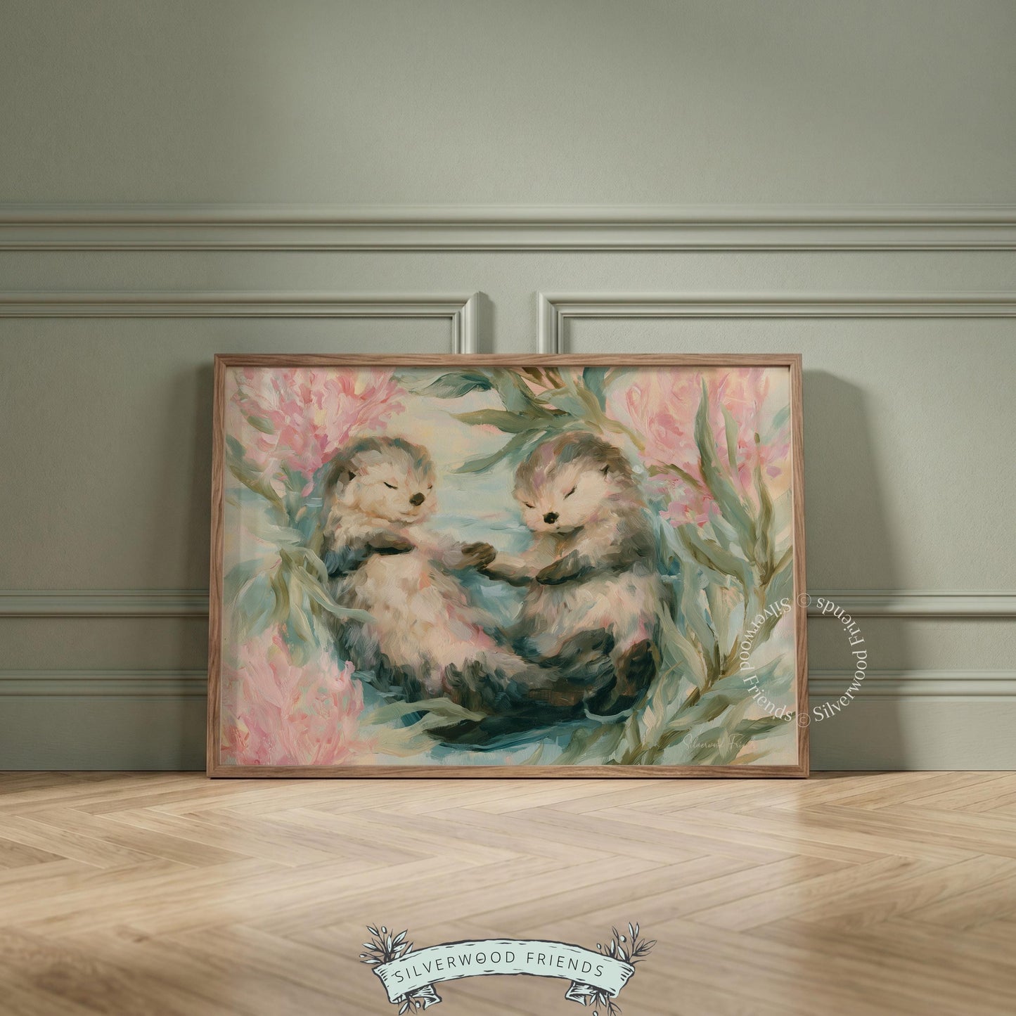 Heartwarming sea otter digital print for playroom — painterly style and soft hues promote a soothing atmosphere.