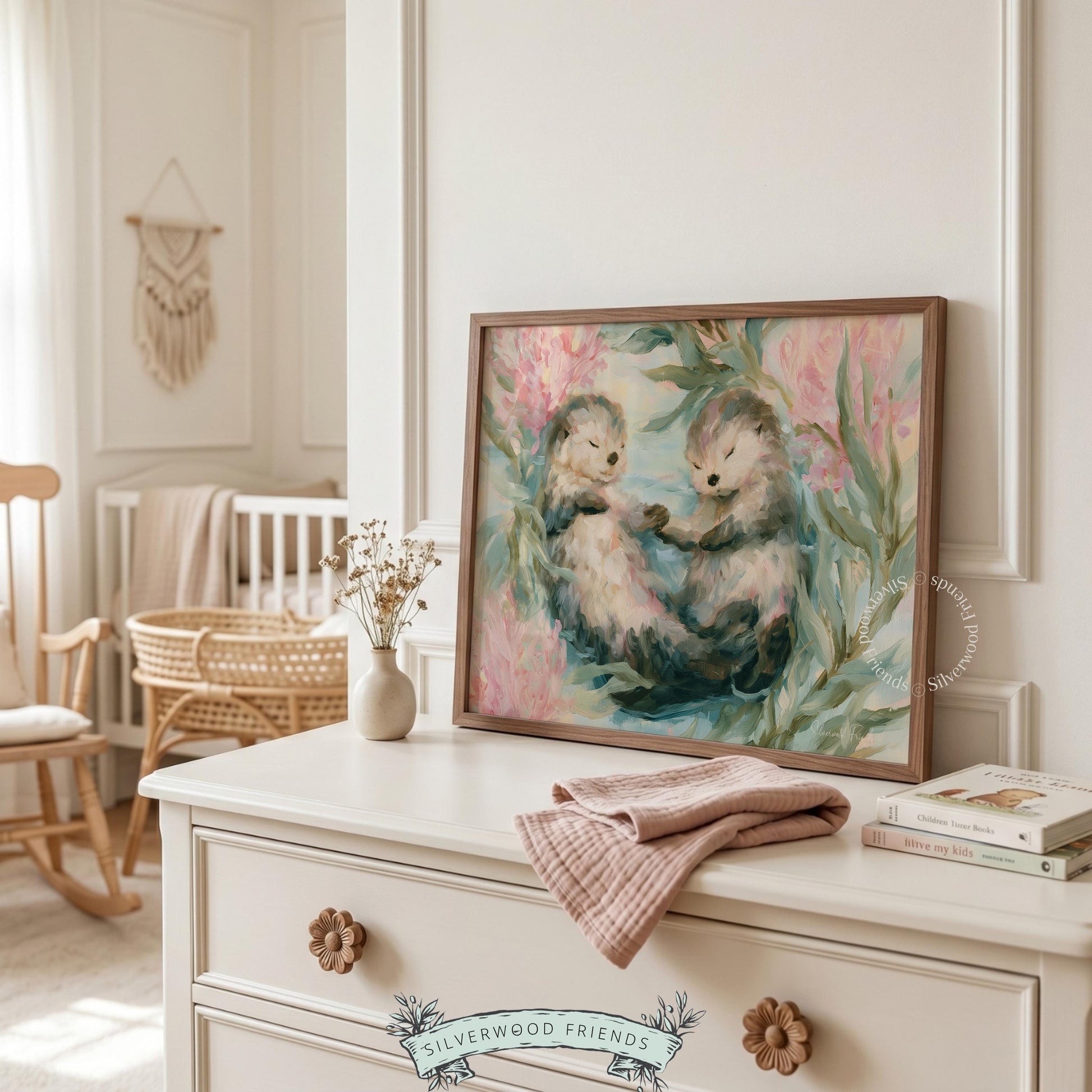 Two otters in pastel ocean painting for nursery décor — cheerful, loose watercolor style inspires positive vibes.