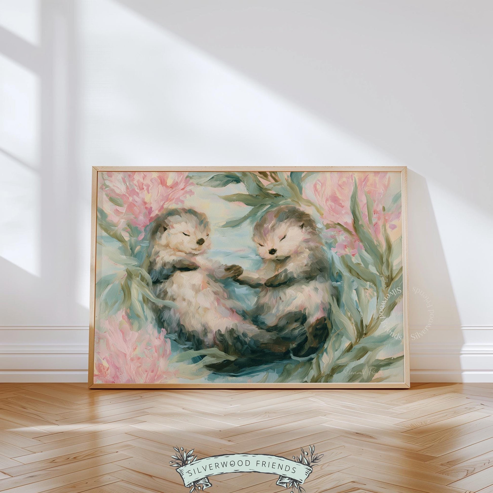 Playful otters digital art for kid's room — soft colors and flowing sea elements evoke a tranquil coastal vibe.