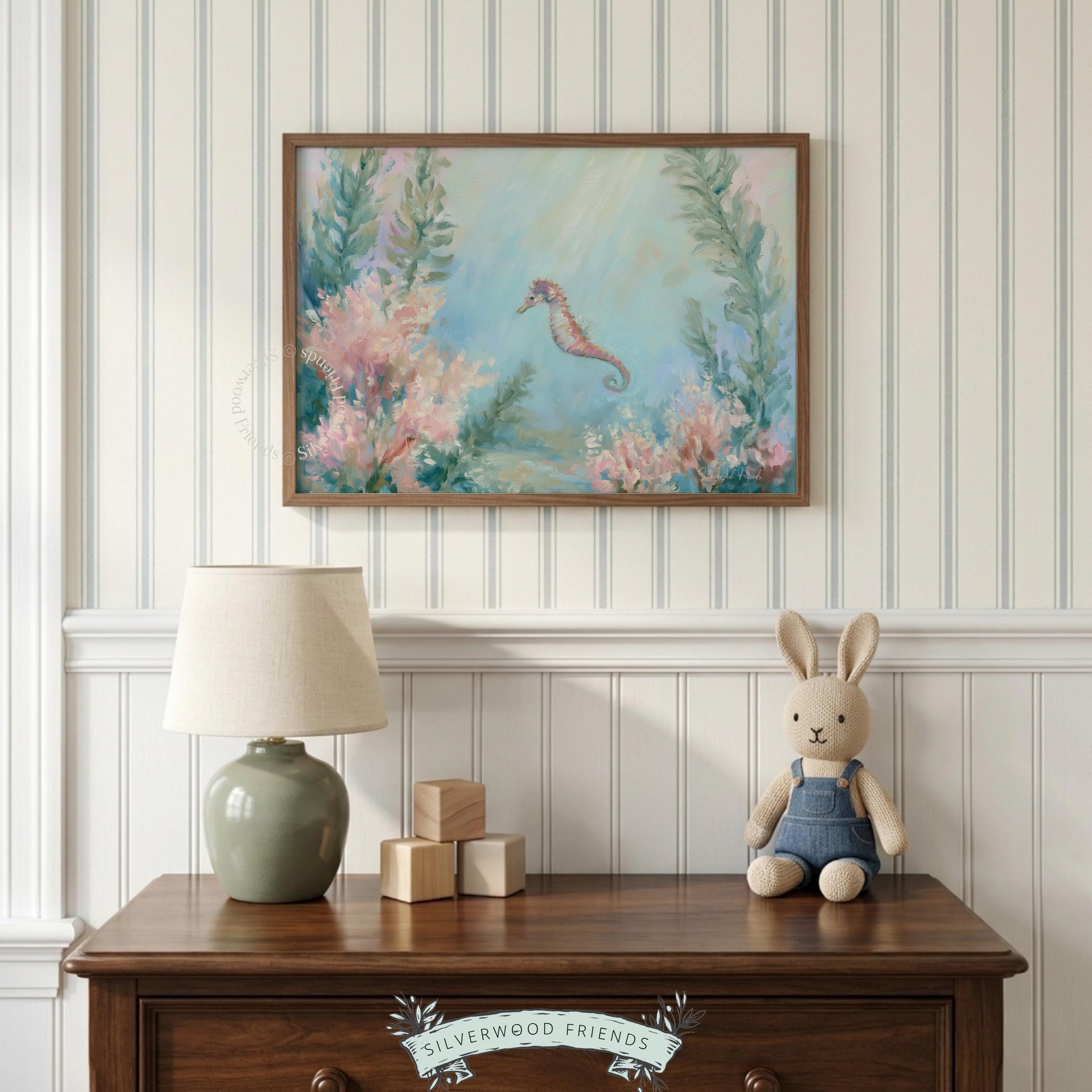 Watercolor seahorse painting for gallery wall — pastel coastal colors add a touch of serenity and nature to any space.