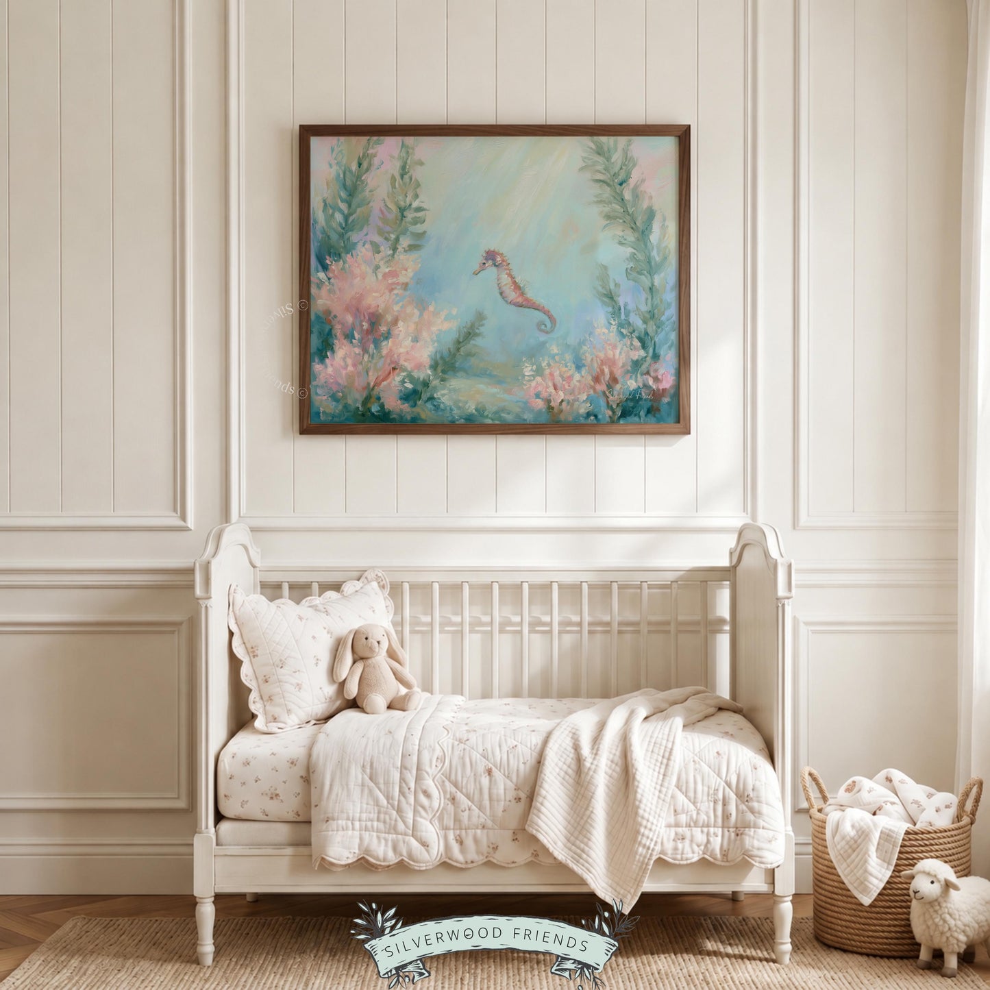 Tranquil seahorse digital print for coastal-themed bathroom — soothing aqua gradients with gentle underwater motifs for relaxation.