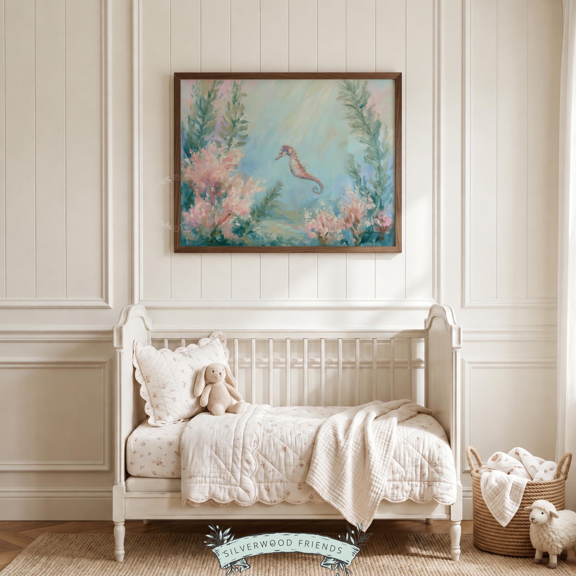 Tranquil seahorse digital print for coastal-themed bathroom — soothing aqua gradients with gentle underwater motifs for relaxation.