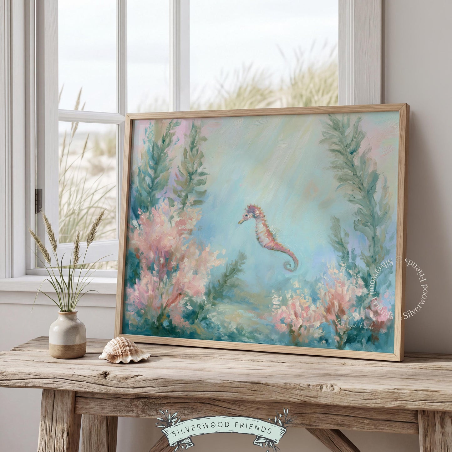 Peaceful seahorse wall decor for nursery — soft color gradients and gentle kelp accents foster a relaxed aquatic environment.