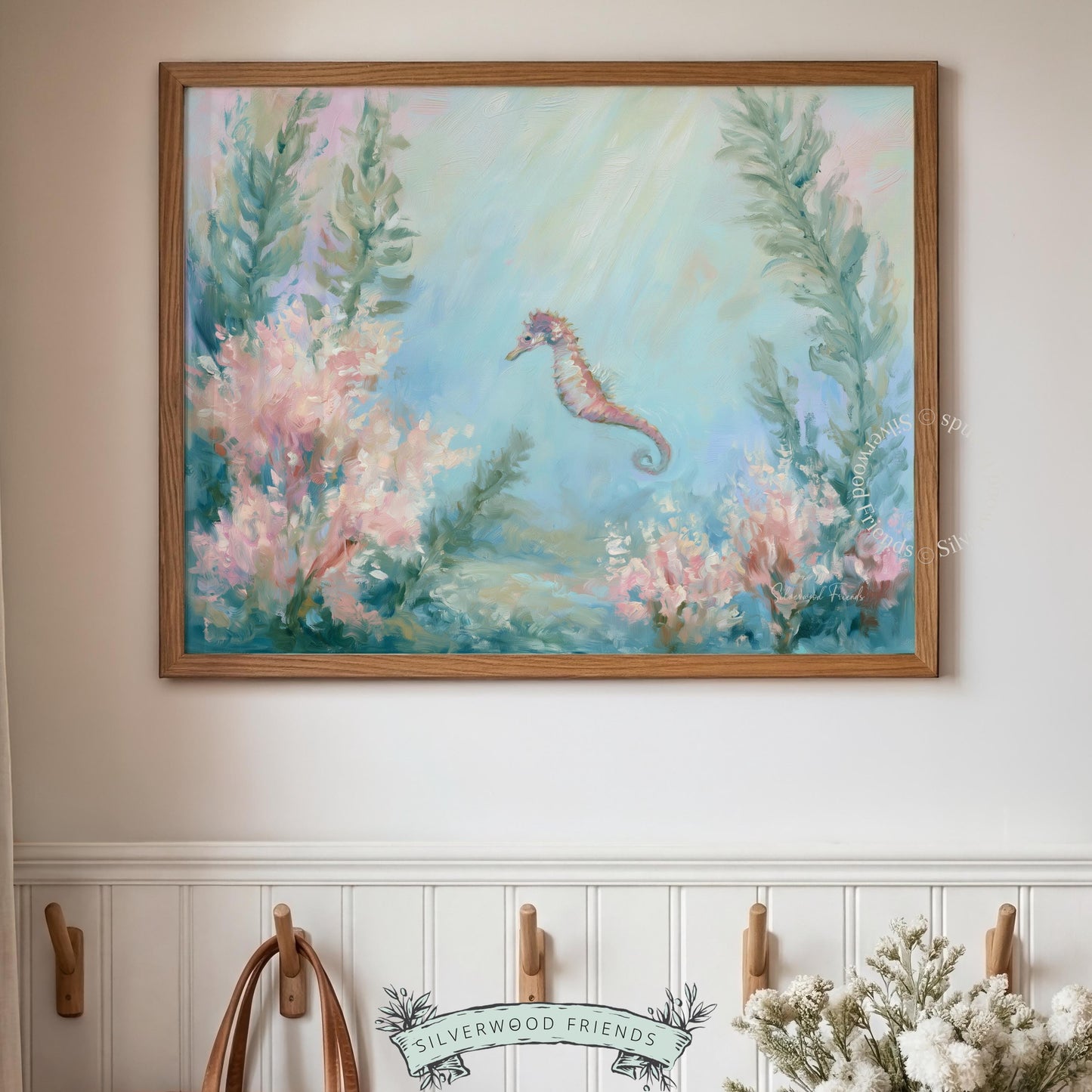 Serene seahorse painting wall art for kids’ room — soft hues of aqua and pink evoke a calming beachy feel for little ones.