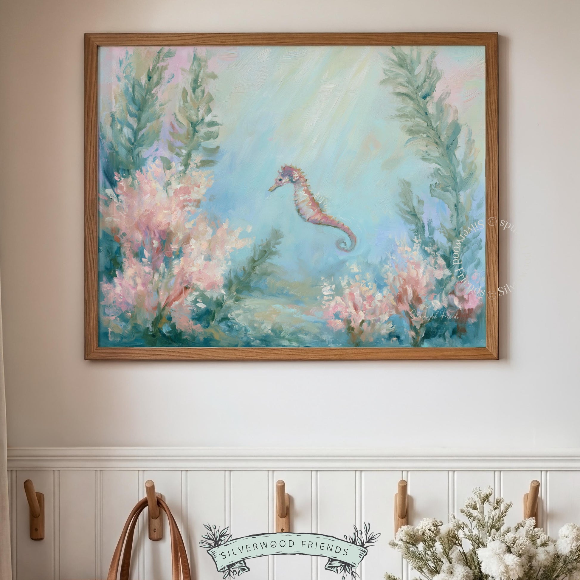 Serene seahorse painting wall art for kids’ room — soft hues of aqua and pink evoke a calming beachy feel for little ones.