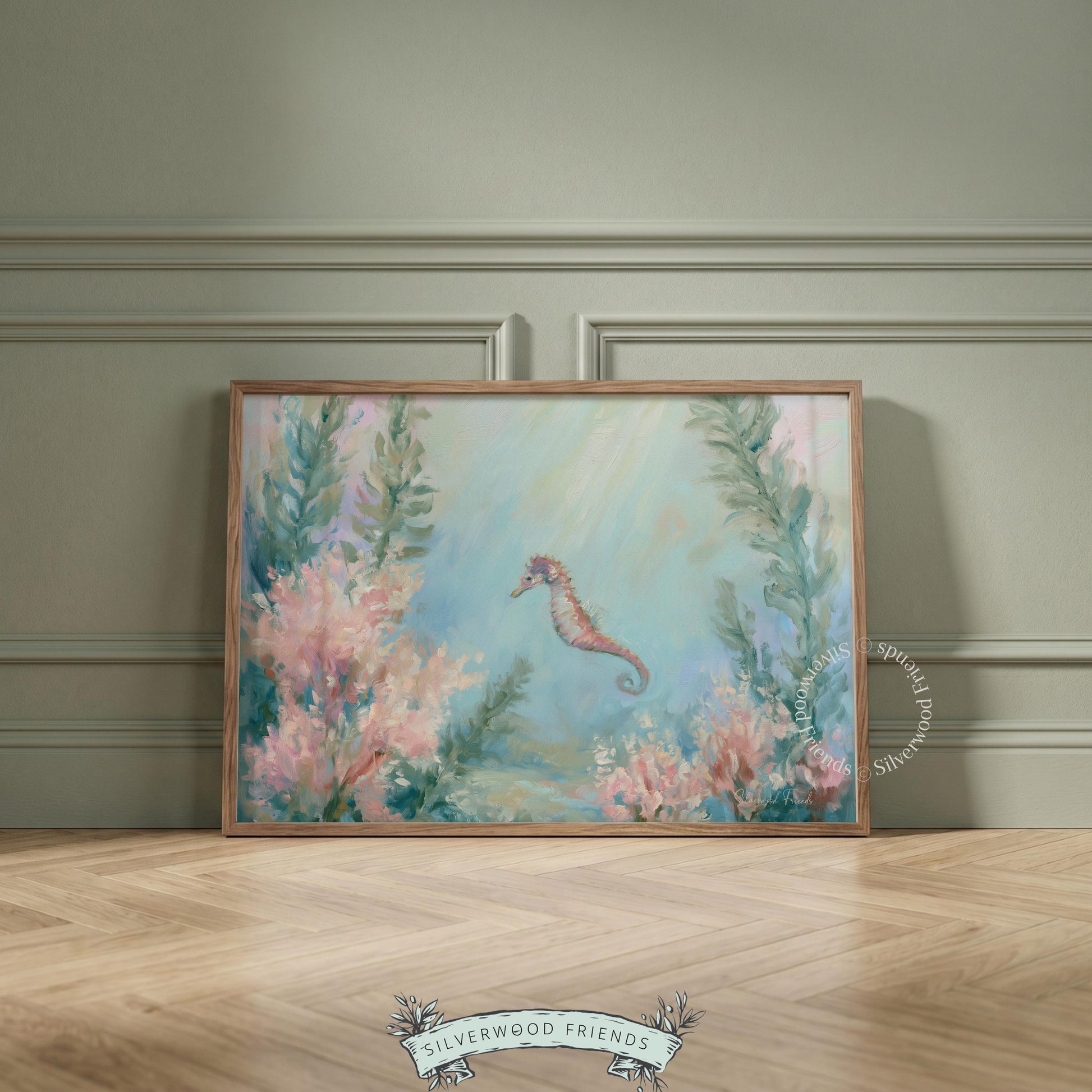 Seahorse art print for coastal-themed bedroom — soft color palette and flowing seaweed create a peaceful underwater vibe.