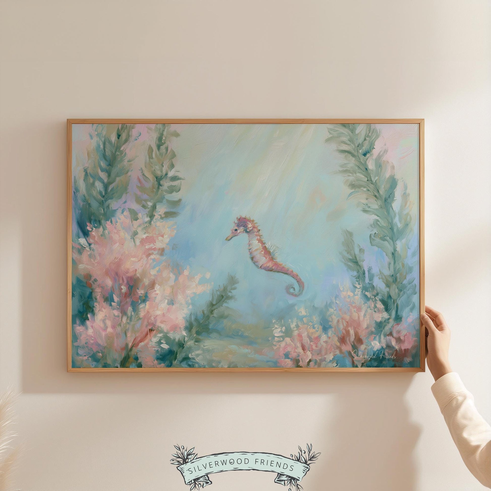 Solitary seahorse wall art for nursery — calming aqua and blush sea colors with soothing ocean vibes.