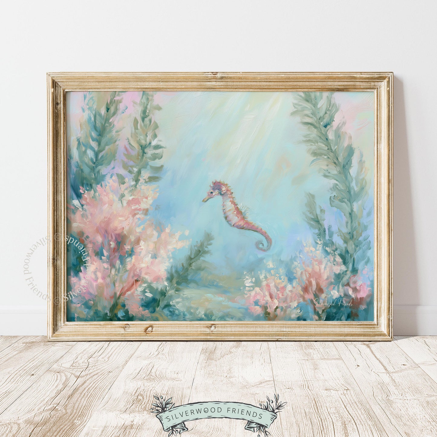 Charming seahorse painting for little girls’ room — soft aquamarine hues inspire an enchanting and calming beach vibe.