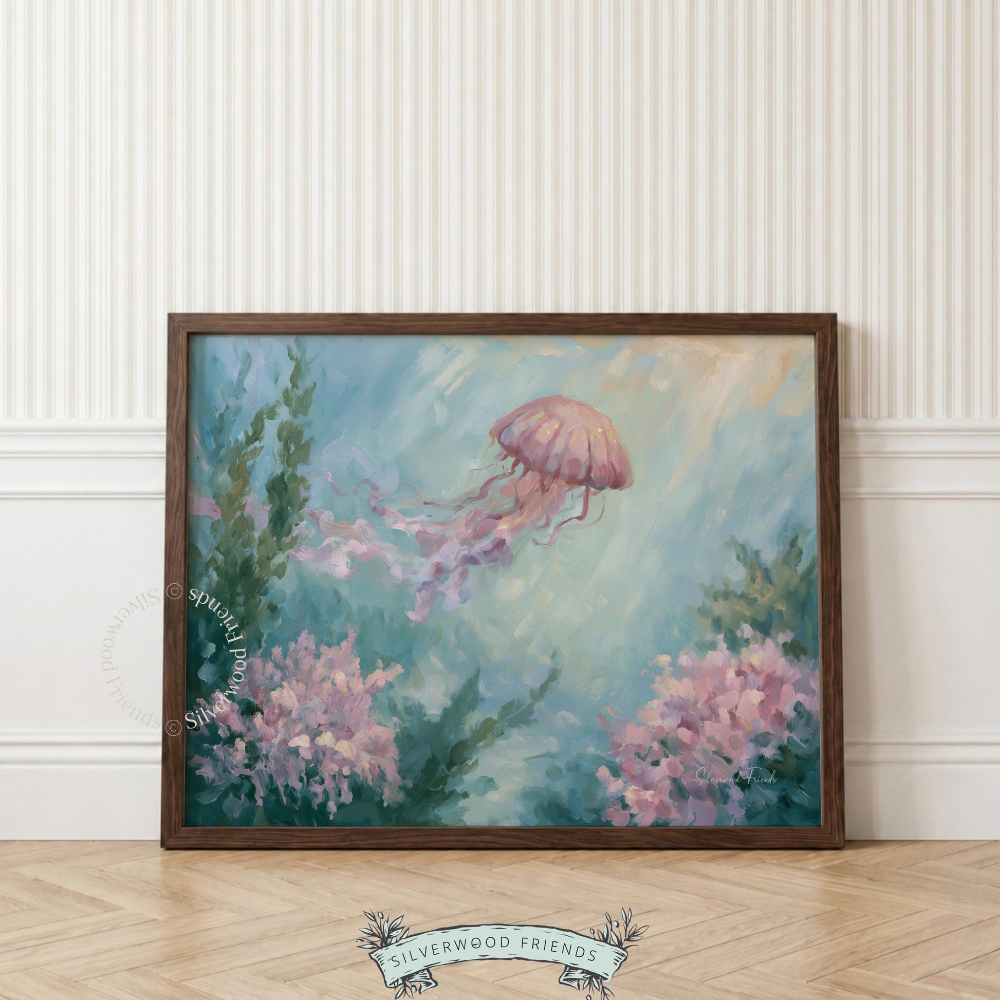 Gentle jellyfish poster for beach-inspired décor — features vibrant aquatic hues and flowing seaweed for a relaxing atmosphere.