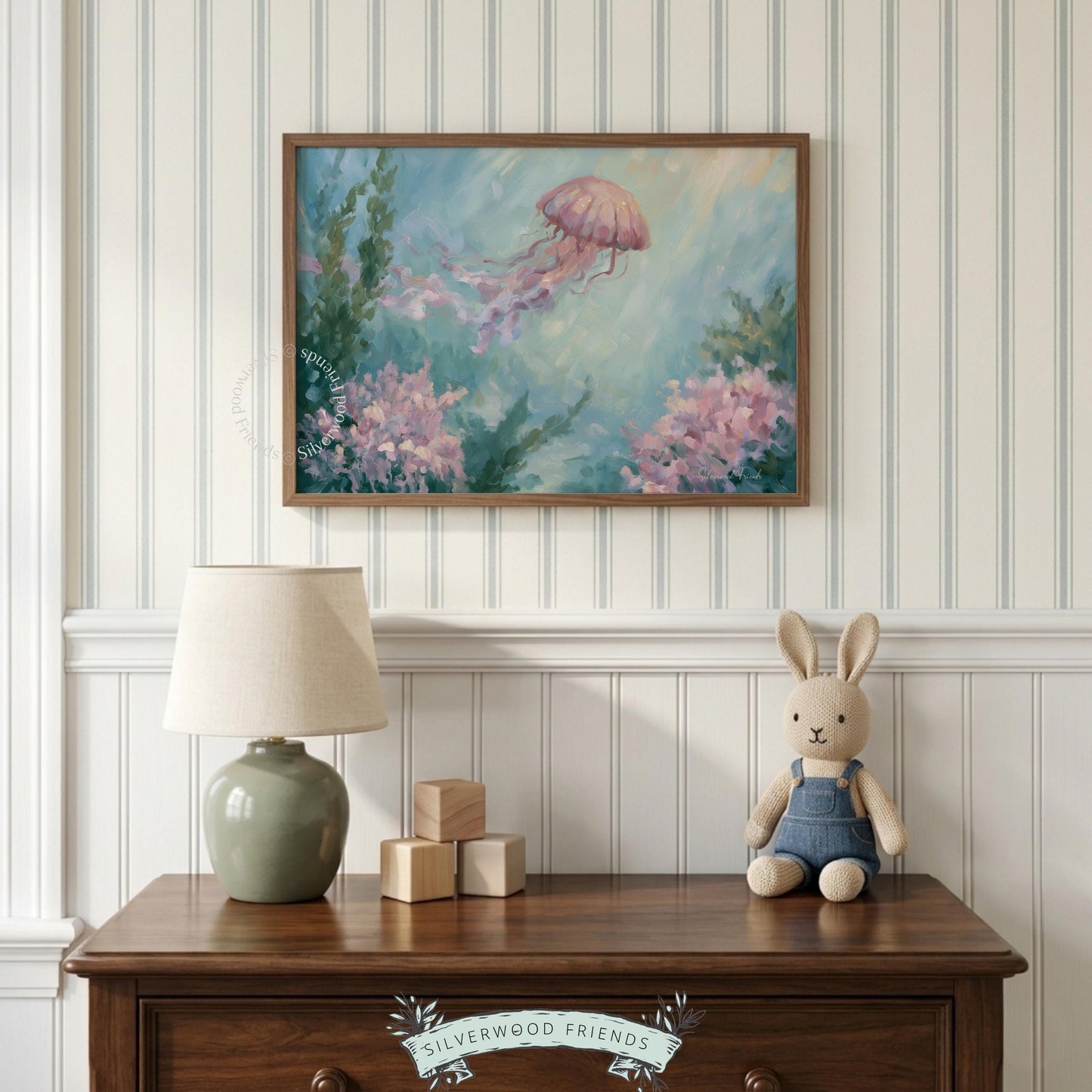Soft jellyfish picture printable art for coastal bathroom — impressionistic design evokes a calming ocean atmosphere with delicate colors.