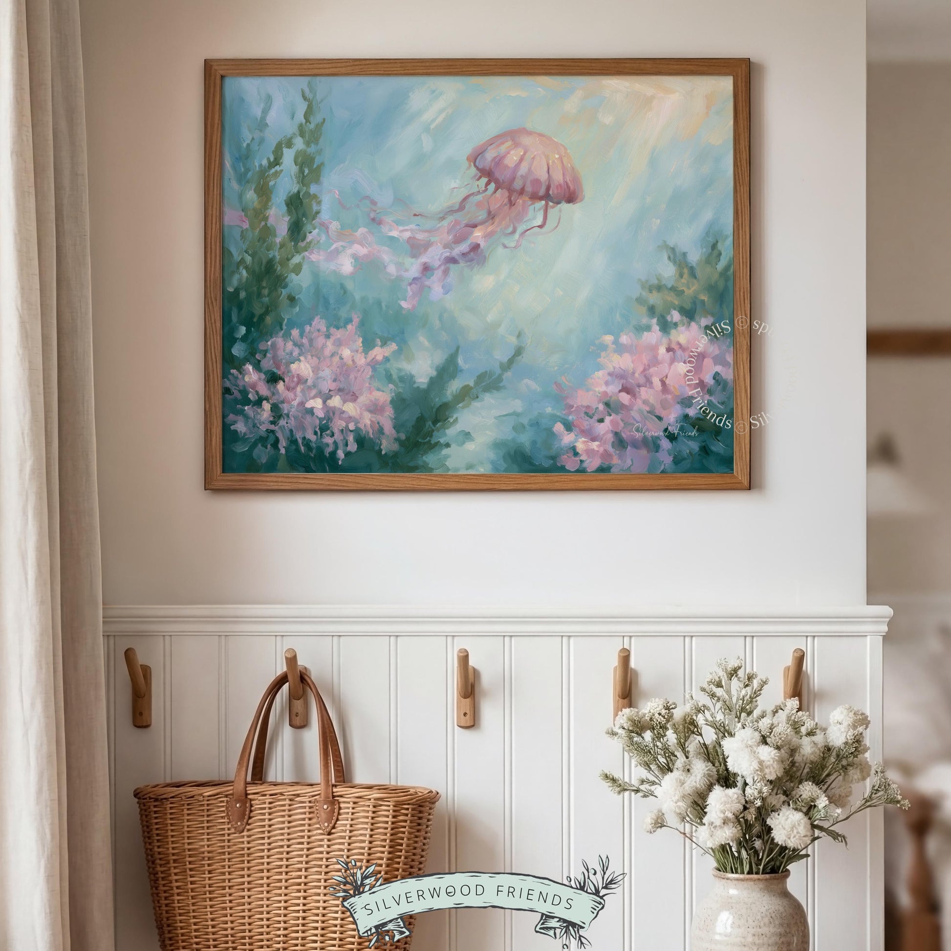 Whimsical jellyfish digital download for ocean nursery — features soft pastel colors and fluid brushwork for a soothing environment.