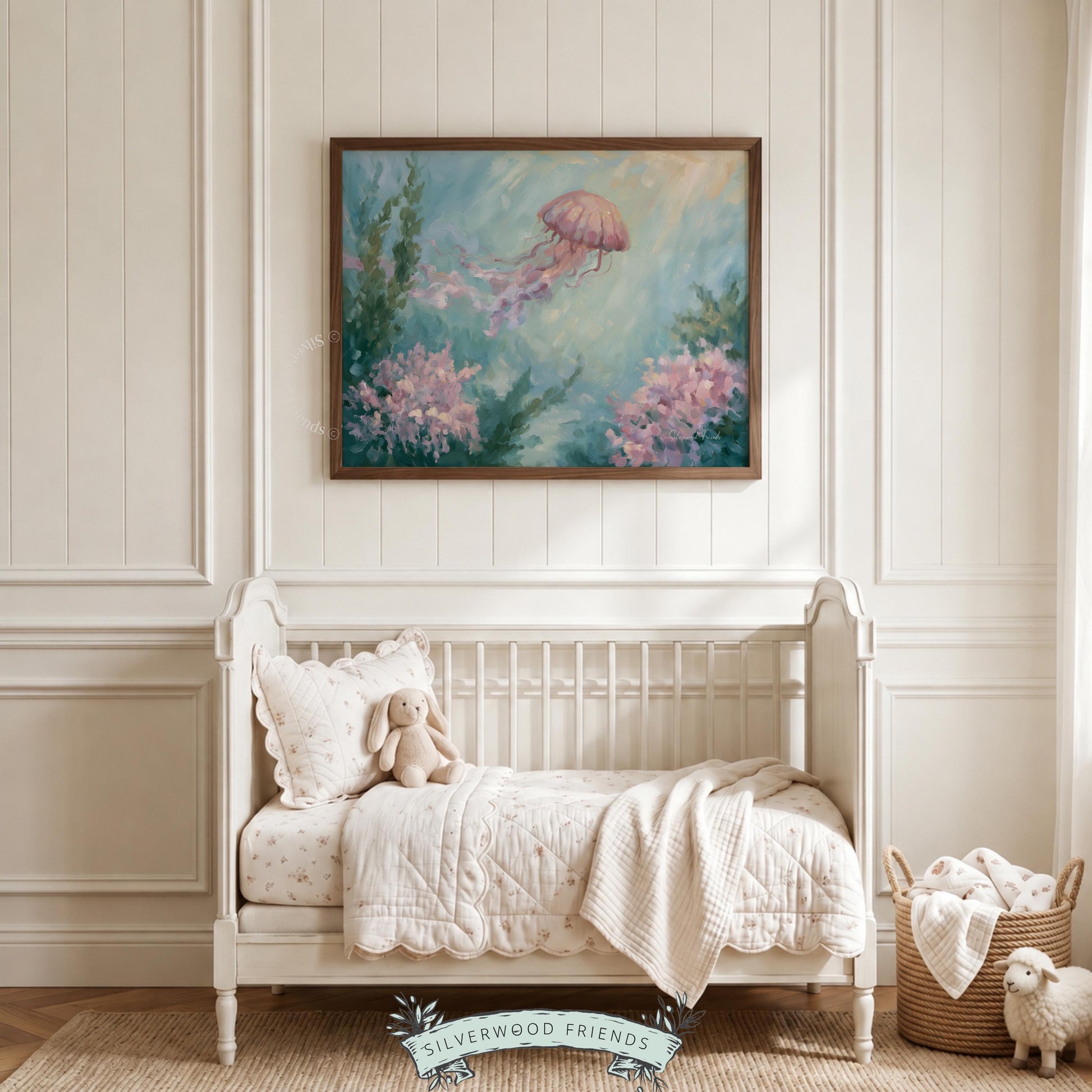 Coastal jellyfish artwork for meditation space — soft aqua and blush tones offer a soothing ambiance perfect for calm reflection.