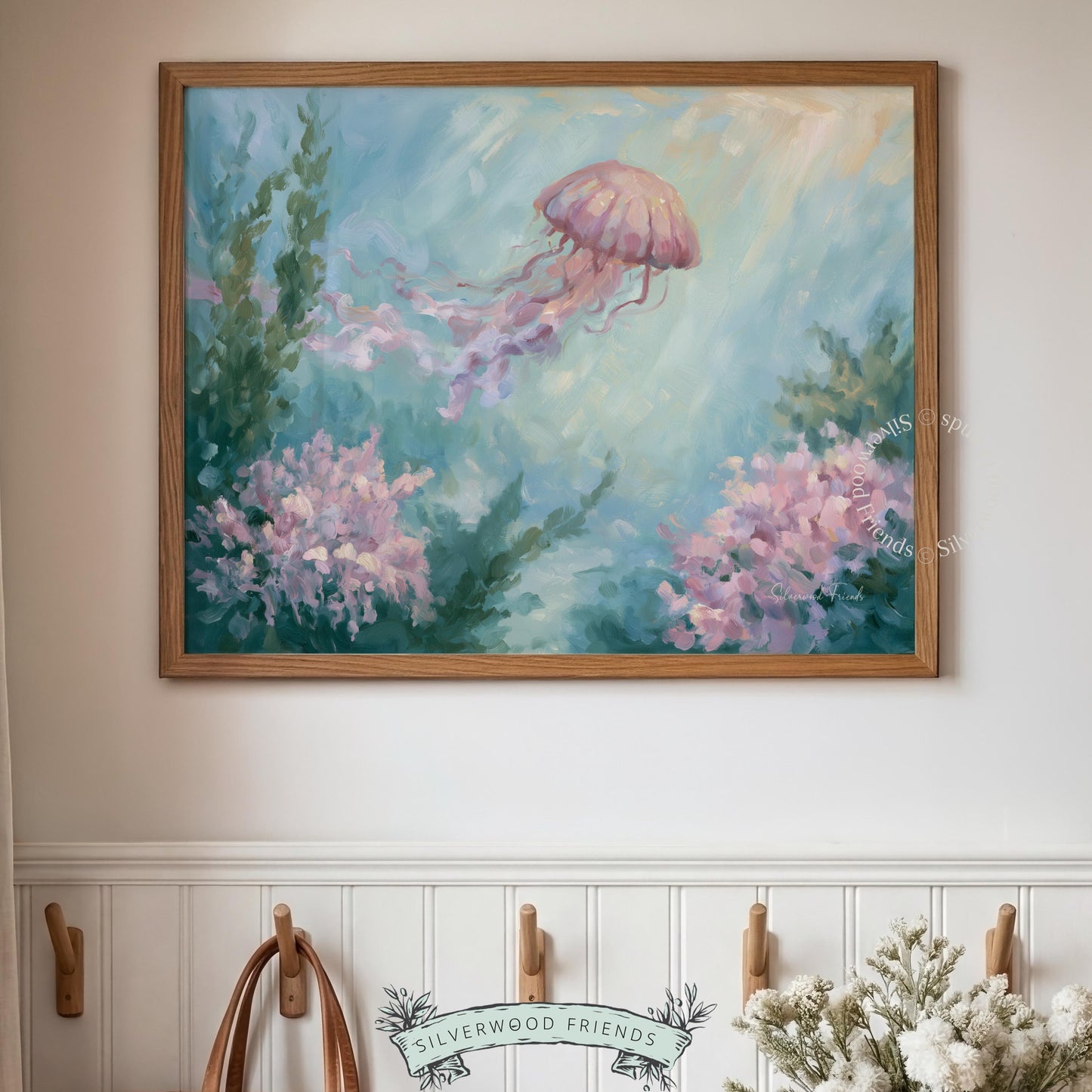Dreamy jellyfish wall decor for entryway — features lush greens and pastel pinks for a welcoming, soothing coastal feel.
