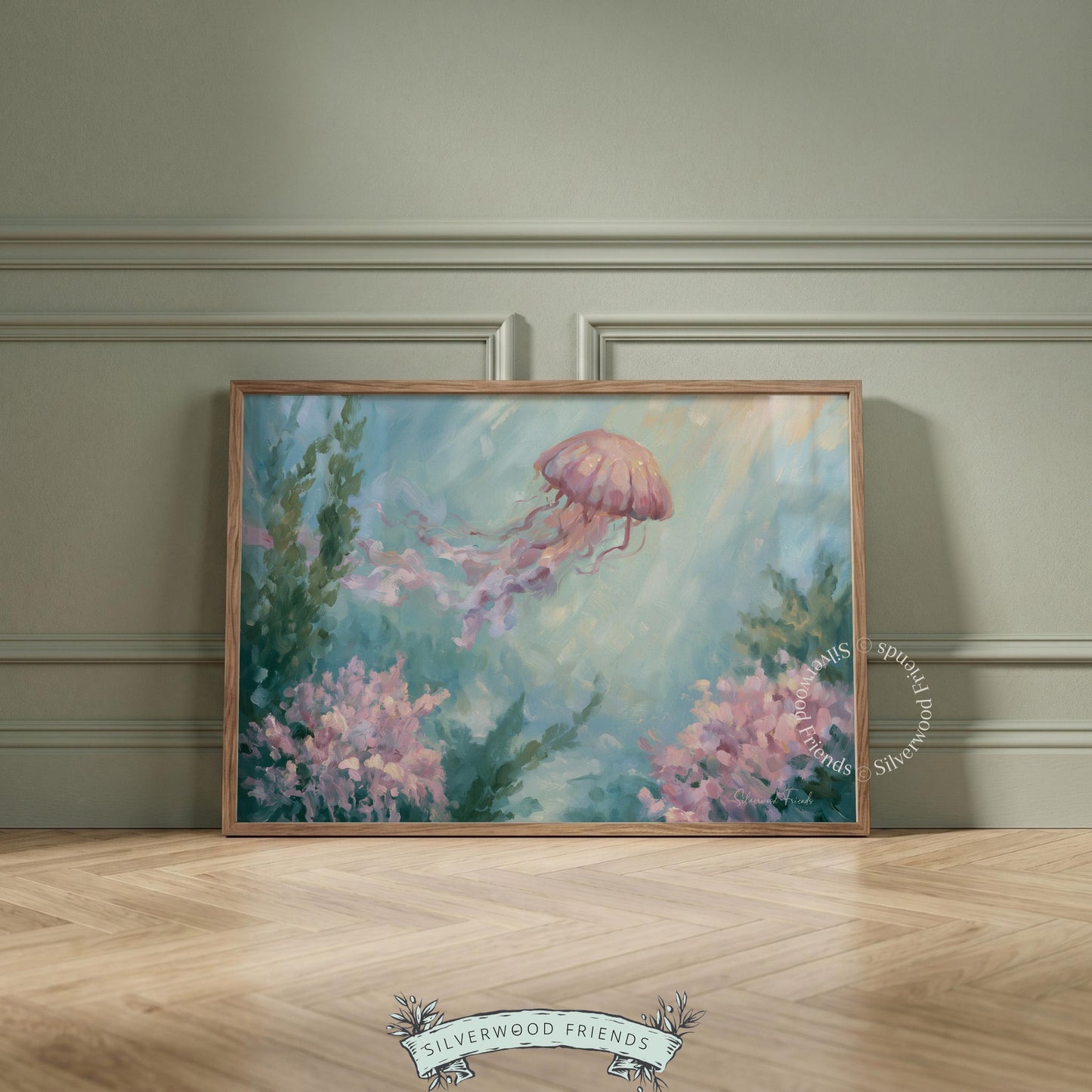 Soft pink jellyfish picture for bathroom décor — features delicate sea life and soothing colors, creating a peaceful retreat.
