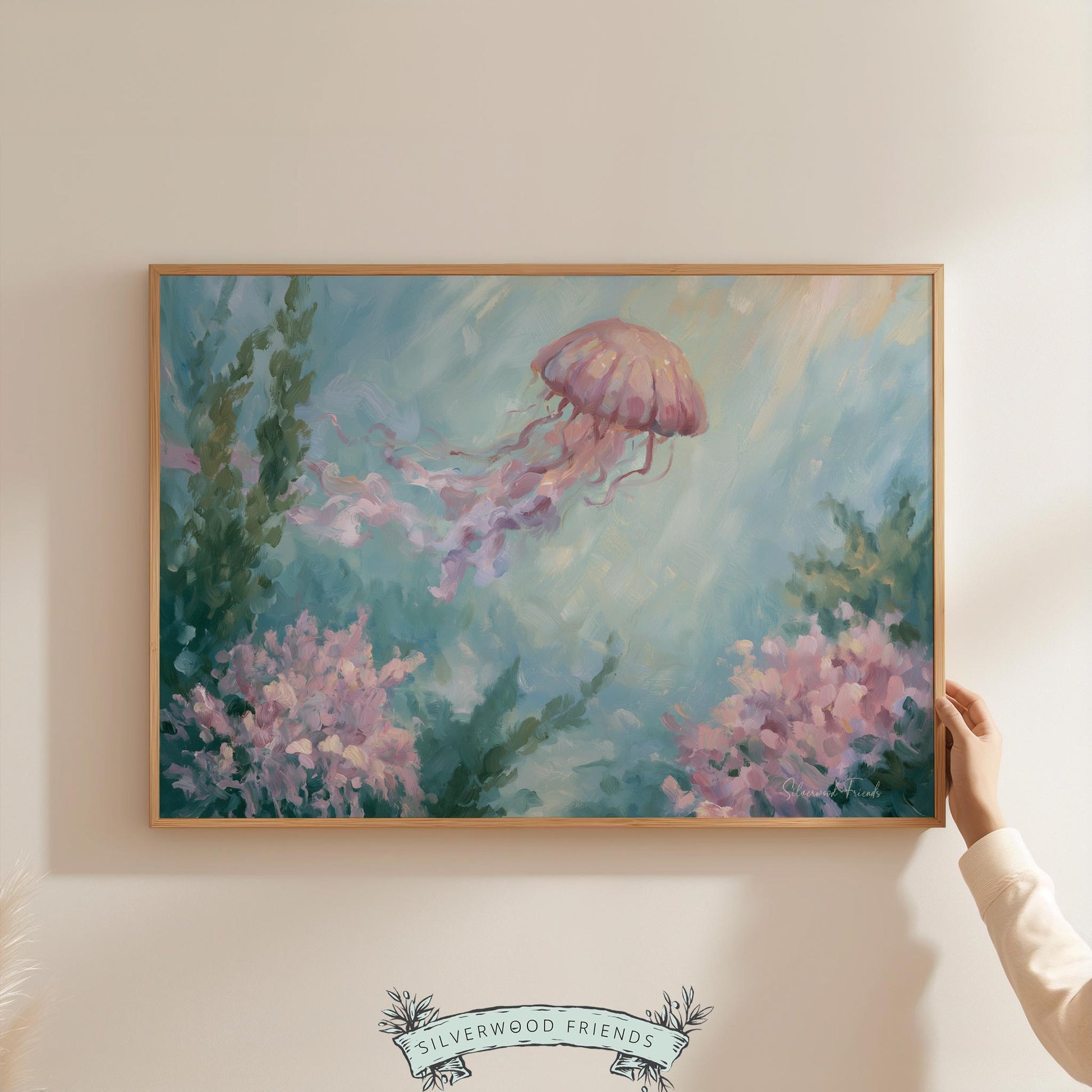 Tranquil jellyfish painting poster for kids' room — features pastel tones and impressionistic style for soothing ocean vibes.