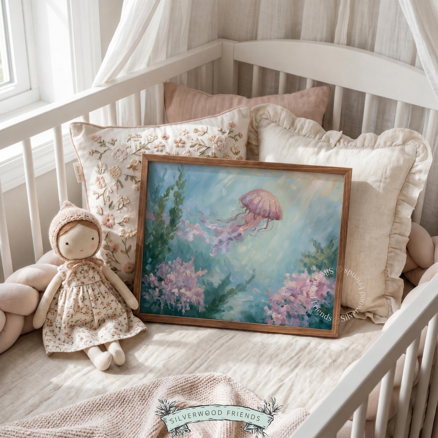 Pastel jellyfish art print for living room — impressionistic design with tranquil hues and soft light enhances relaxed coastal vibes.