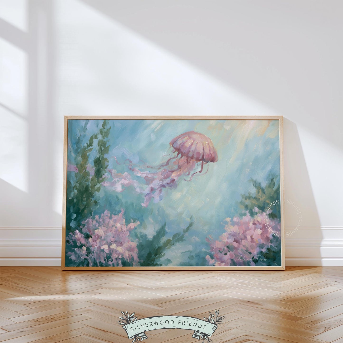 Luminous jellyfish art print for living room — tranquil palette with flowing seaweed creates an inviting atmosphere.