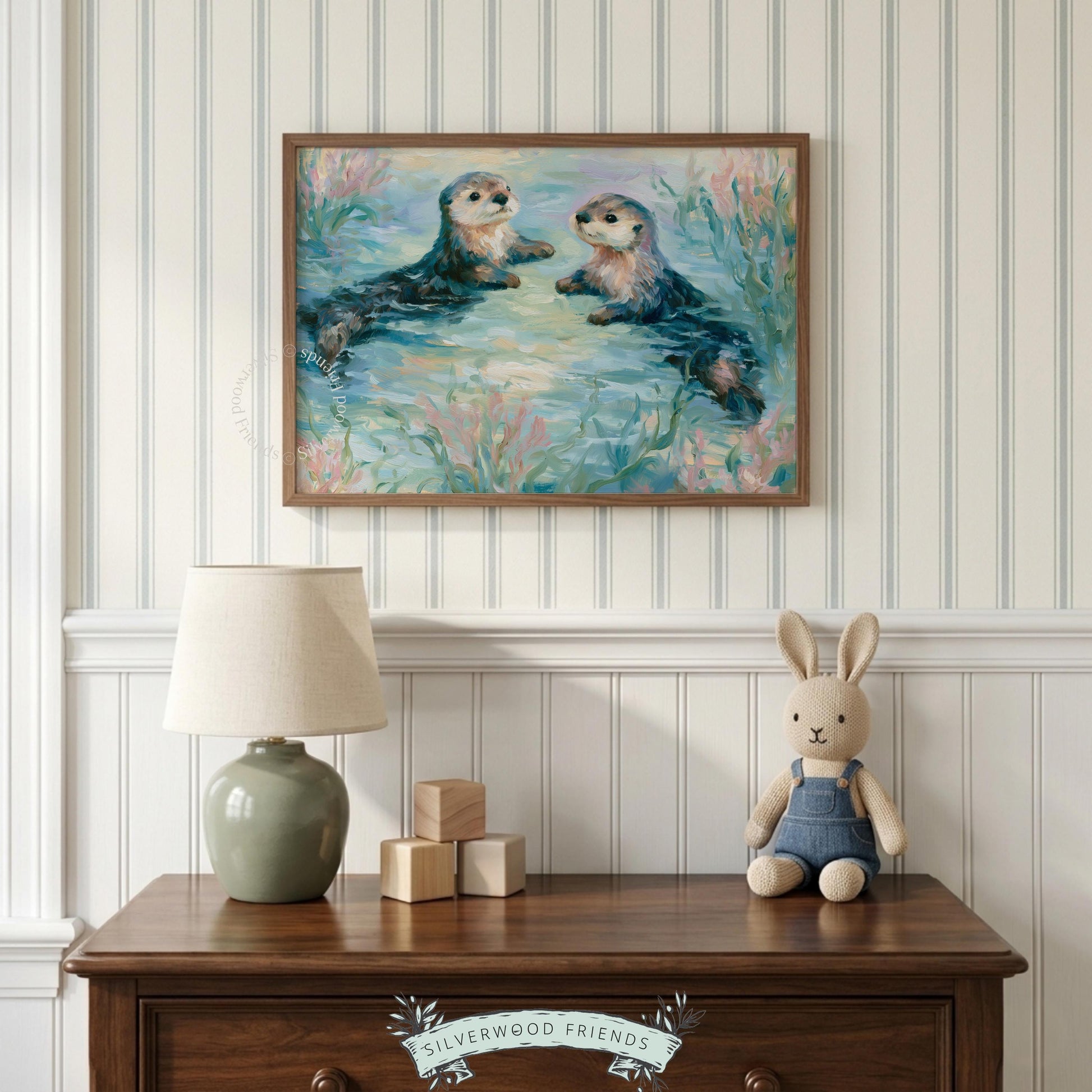 Serene sea otters digital download for nursery — this cute artwork embraces a soft, peaceful ambiance with calming colors.
