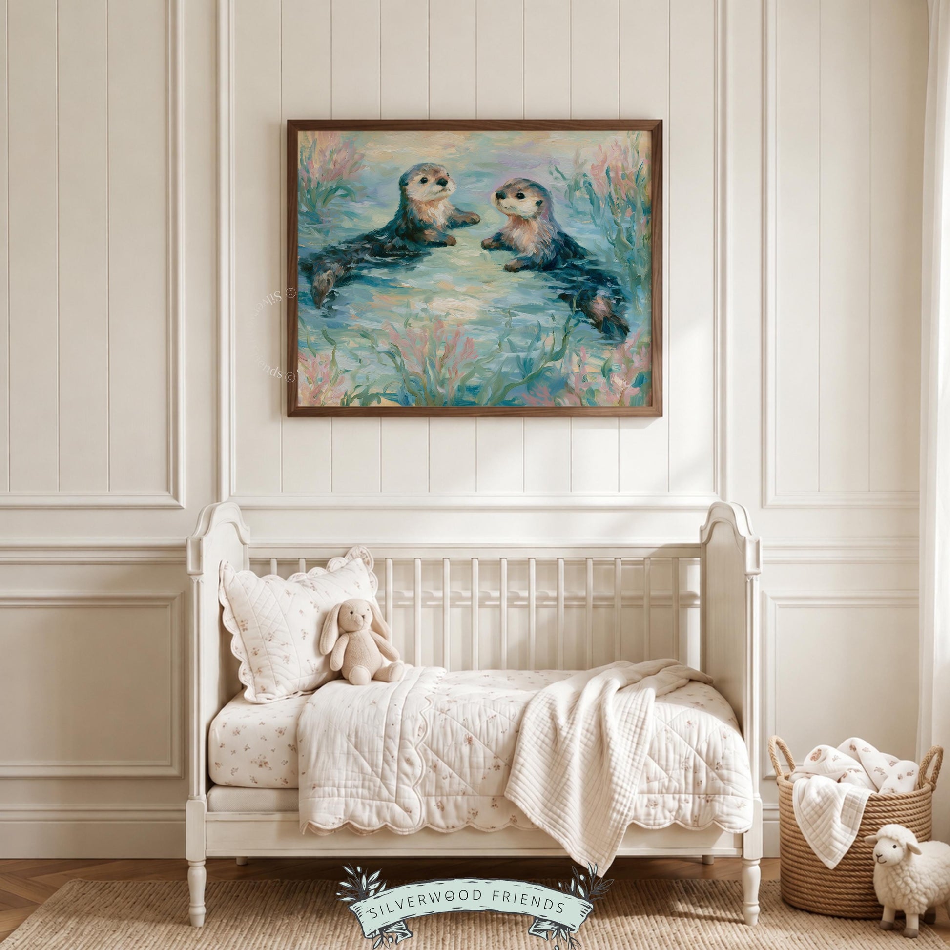 Gentle water reflections artwork for nursery — features playful sea otters, blending calm coastal colors for baby-friendly decor.