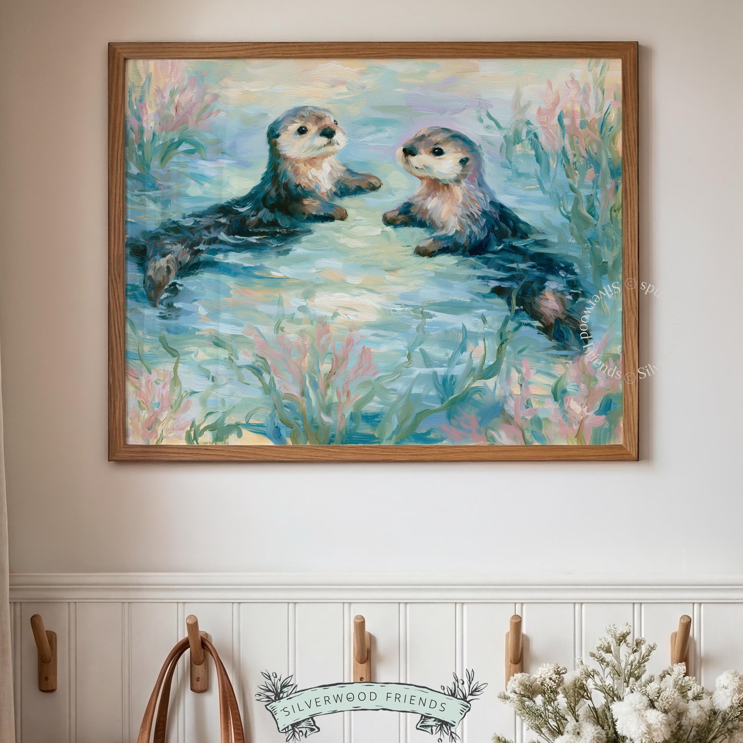 Whimsical sea otters painting for playroom — enhances the joyful spirit of childhood with soft pastels and delightful design.