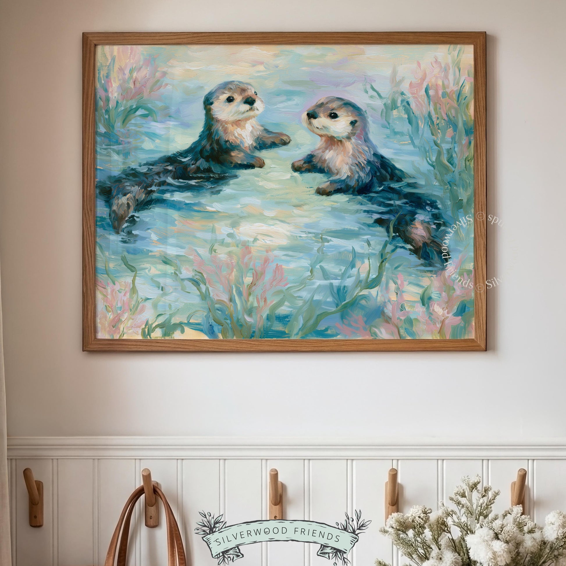 Whimsical sea otters painting for playroom — enhances the joyful spirit of childhood with soft pastels and delightful design.