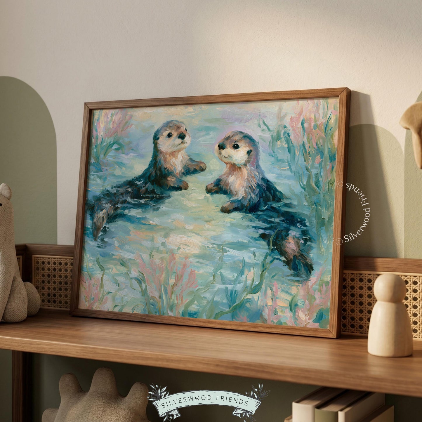 Illustrative sea otters poster for playroom — whimsical style brings a touch of playful joy to your child’s decor.
